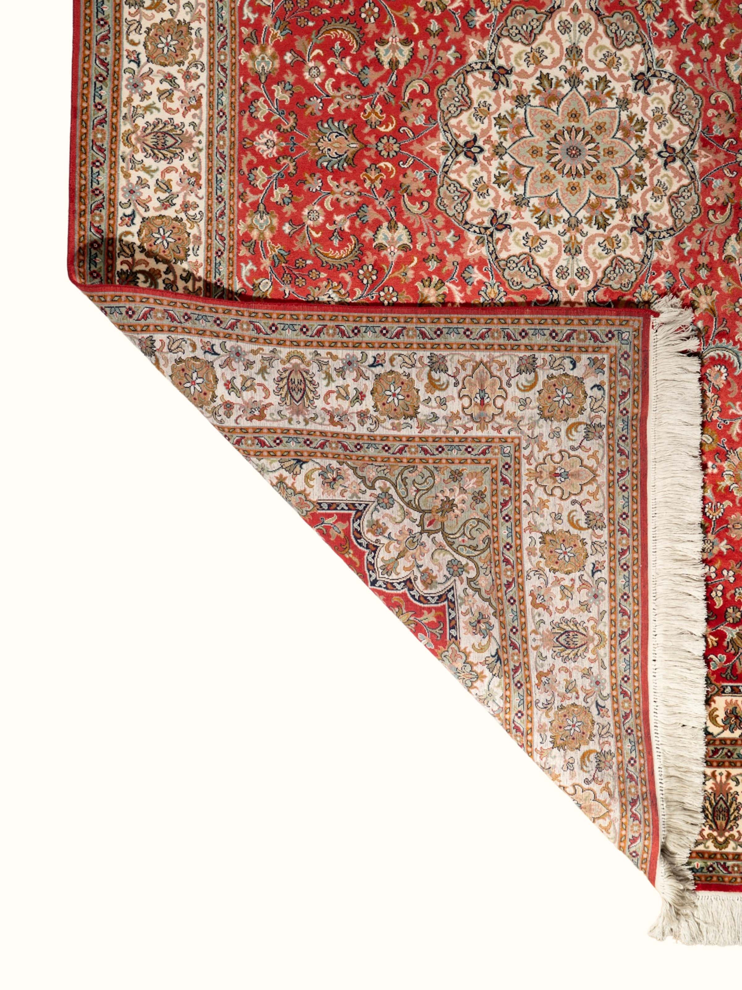 Traditional Kashan Red Kashmir Silk Hand-Knotted Carpet