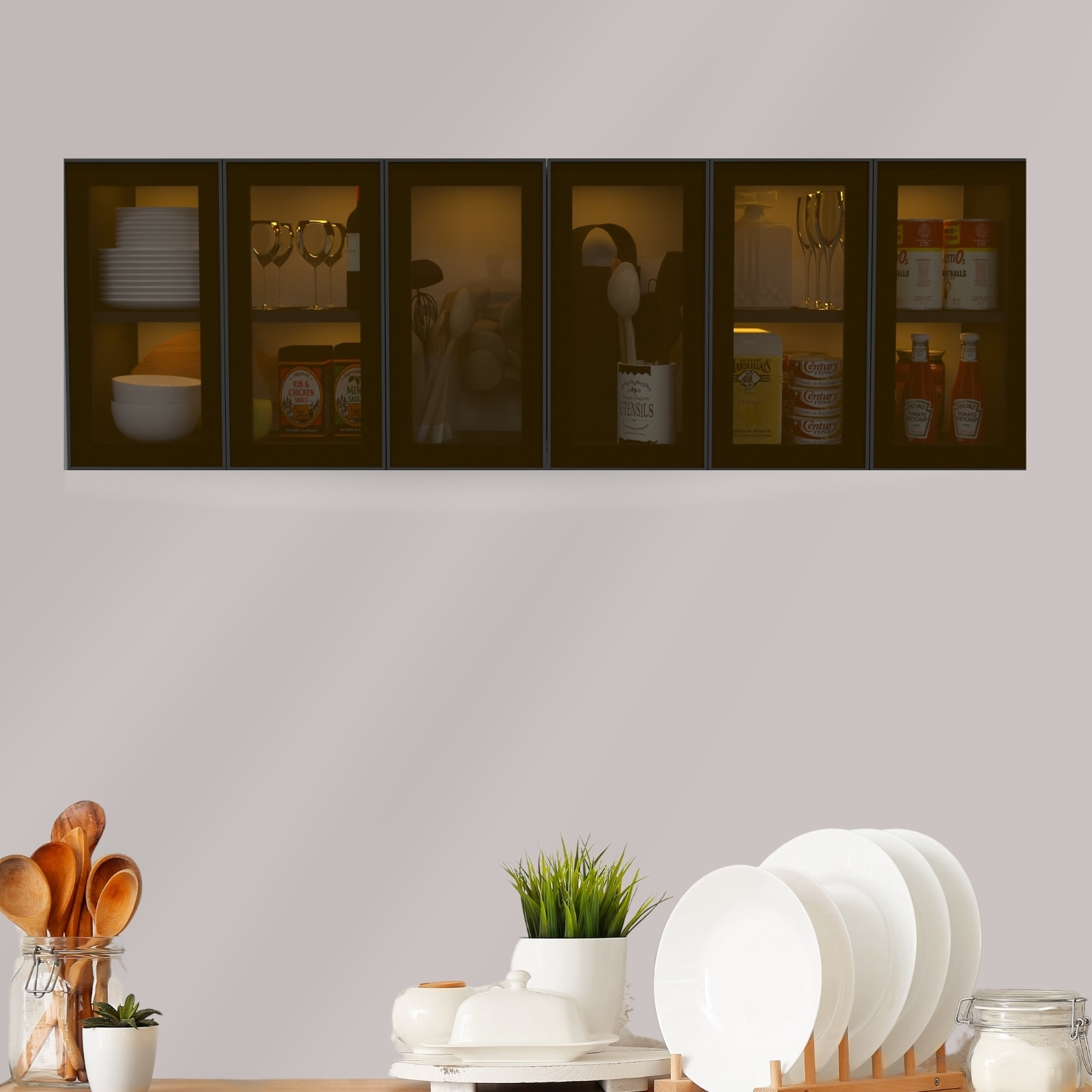 Aluminium Black Profile 6 Brown Tinted Glass Handless Shutters Wall Cabinet In Slate Grey Finish
