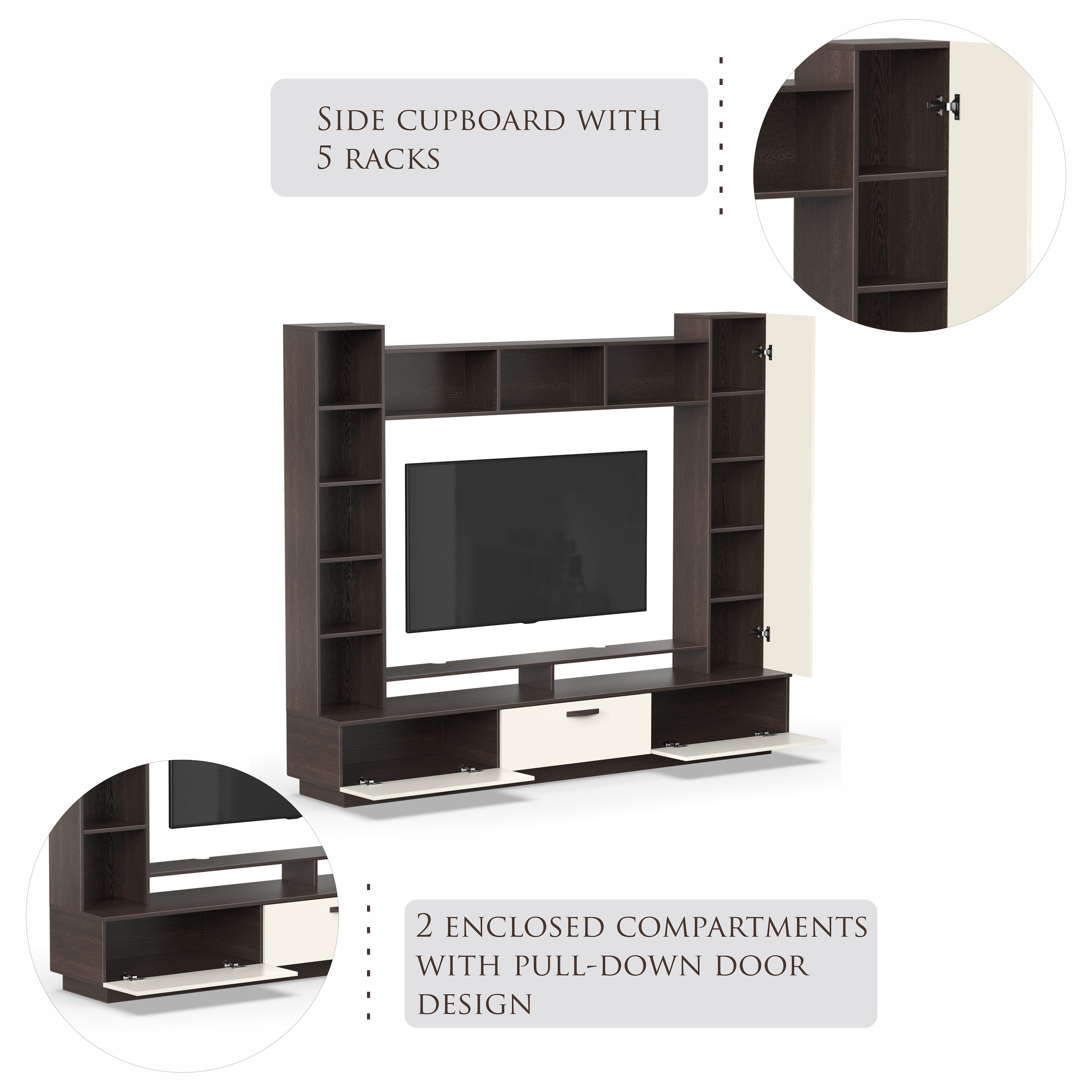 BLUEWUD Fenily Engineering Wood Floor Standing TV Entertainment Unit Set Top Box Stand/TV Cabinet Panel with Shelves for Books & D�cor Display Unit Bed Living Room Upto 60 Inches (Wenge & White)