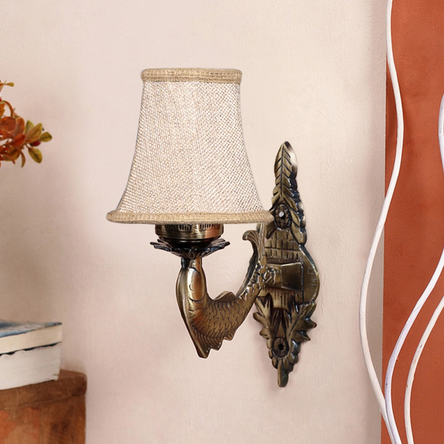 Devansh Gold Antique Wall Mounted Lamp With Beige Jute Shade