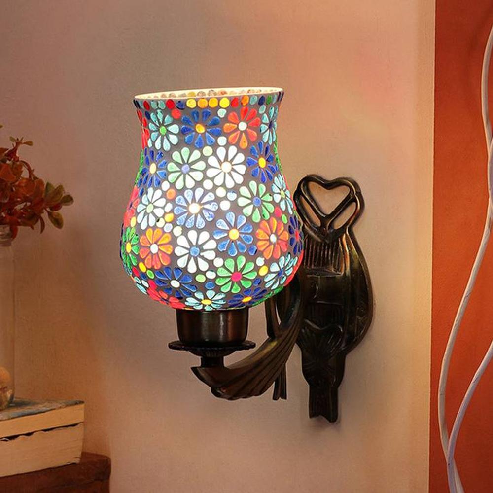 Atlas Antique Metal Wall Lamp with Multicolor Mosaic Glass