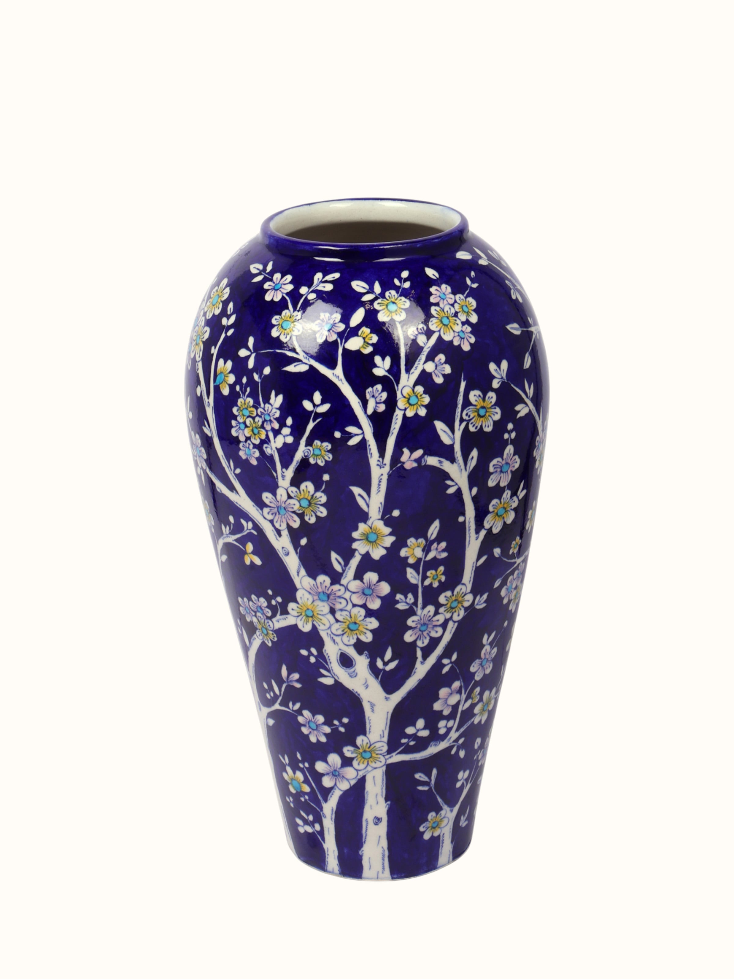 Blue pottery ceramic table vase with traditional floral pattern – front view