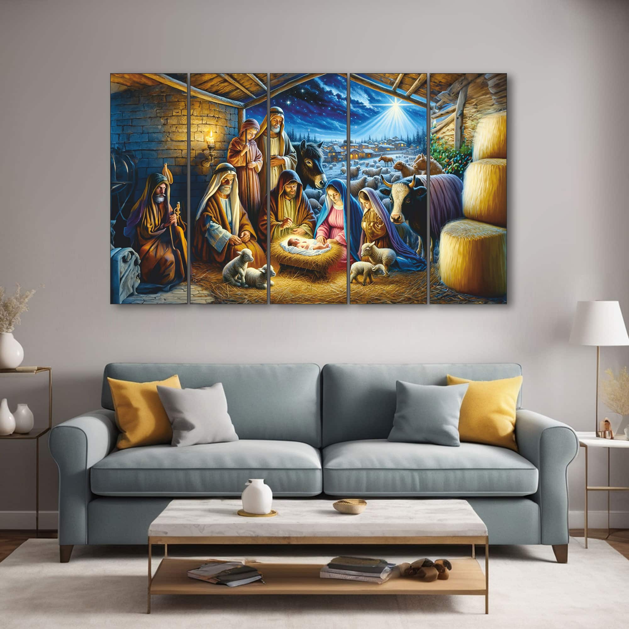 The Castle Decor Jesus Baby Birth Wall Art Set of 5 Wooden Framed Digital Painting 27x48 Inch - The Castle Decor