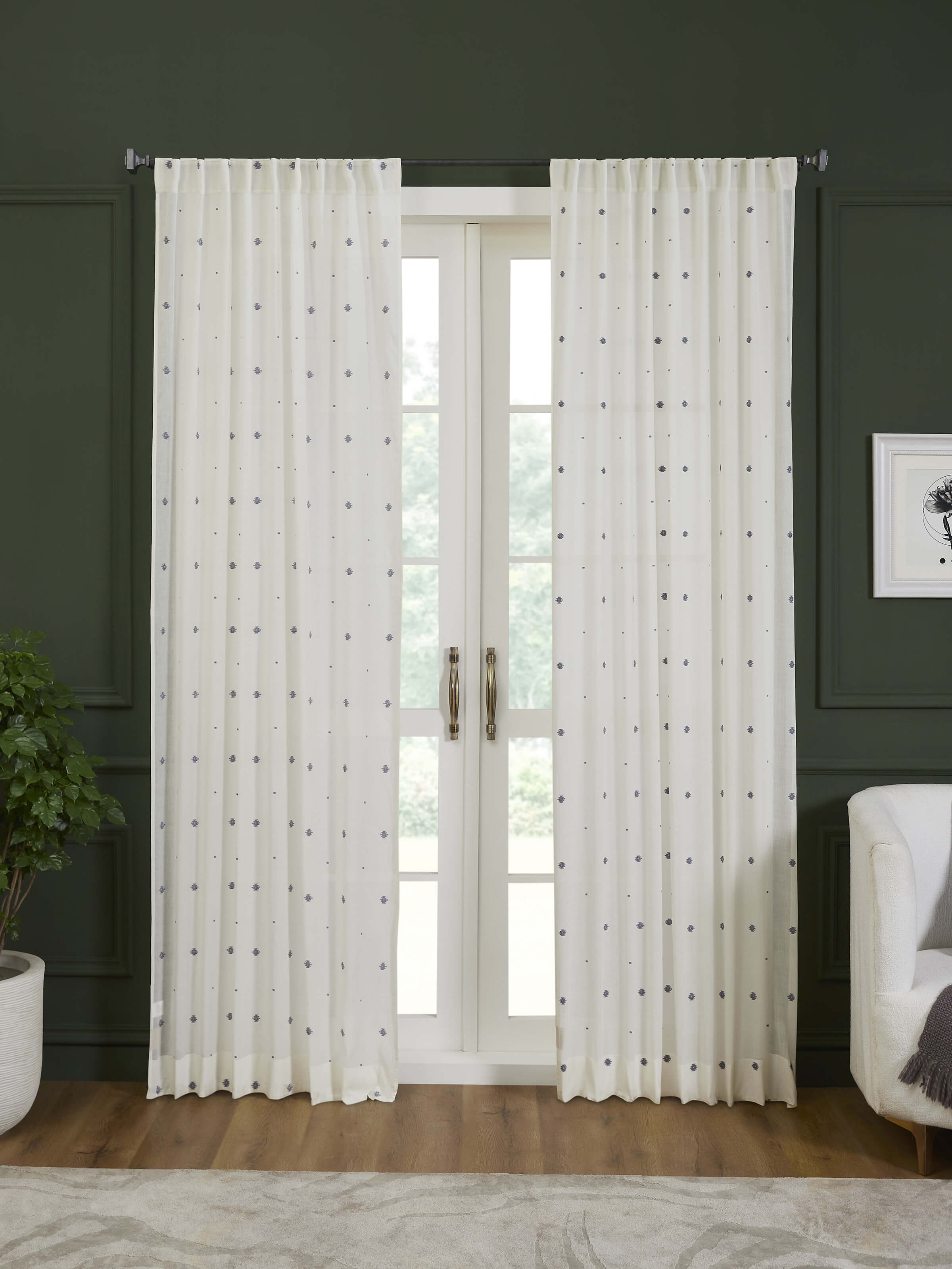 Kalpanama Ivory & Blue Woven Buti Handloom Cotton Curtain (9 Ft)