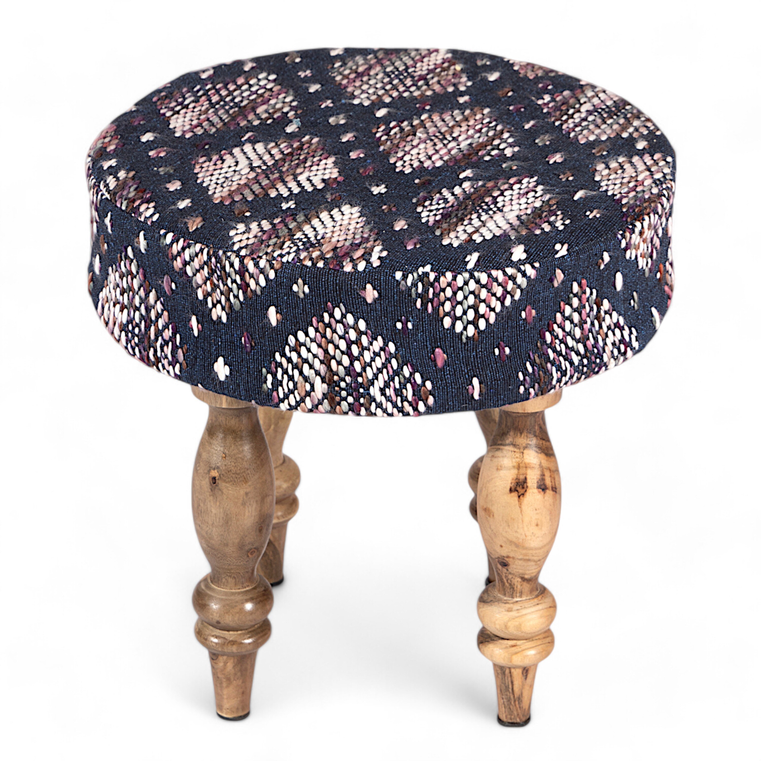 Roswell Sheesham Wood Parisian Round Stool in Blue Jacquard Work Fabric Upholstery
