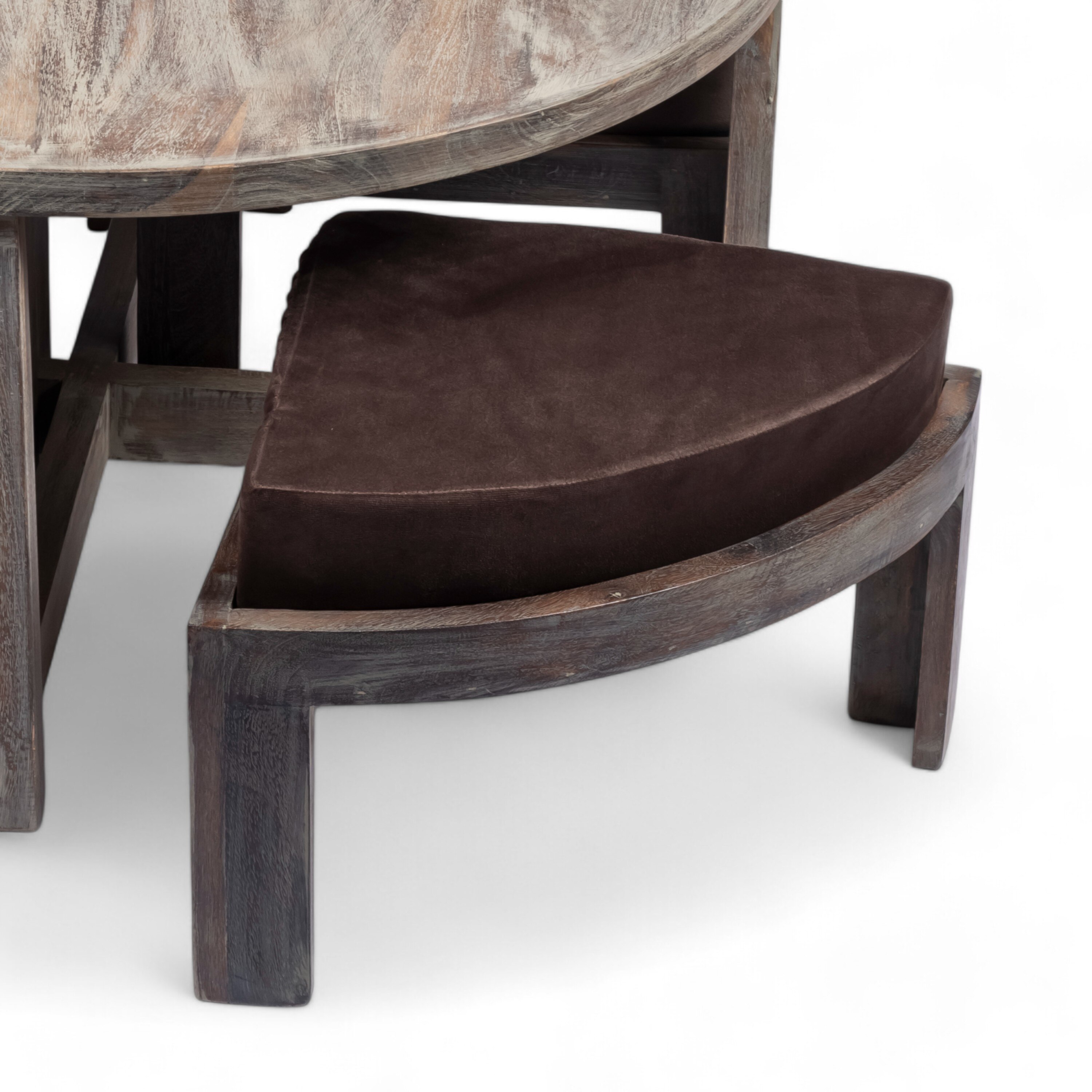 Nashville Sheesham Wood 4 Seater Coffee Table Set In Antique Grey Finish Grey Velvet Cushion