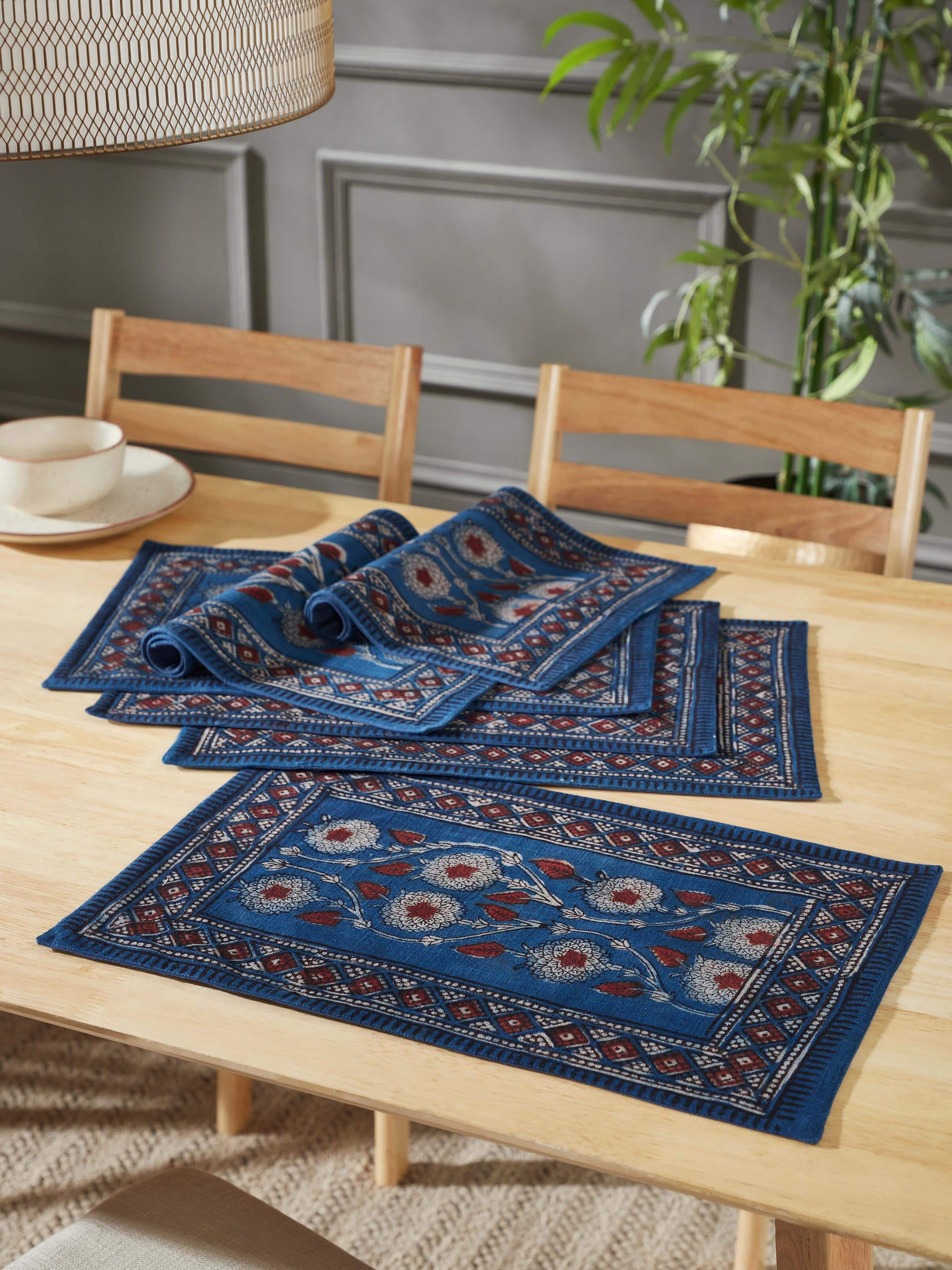 Puspita Indigo Cotton Dabu Hand Block Printed Table Mat (6 Pcs)
