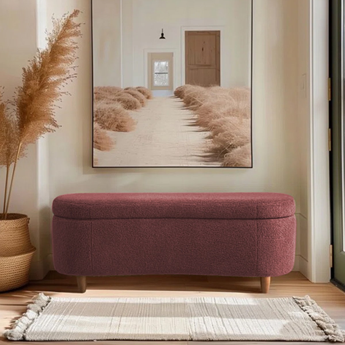 Leroj Boucle 2 Seater Ottoman Bench with Storage  in Pink  Color