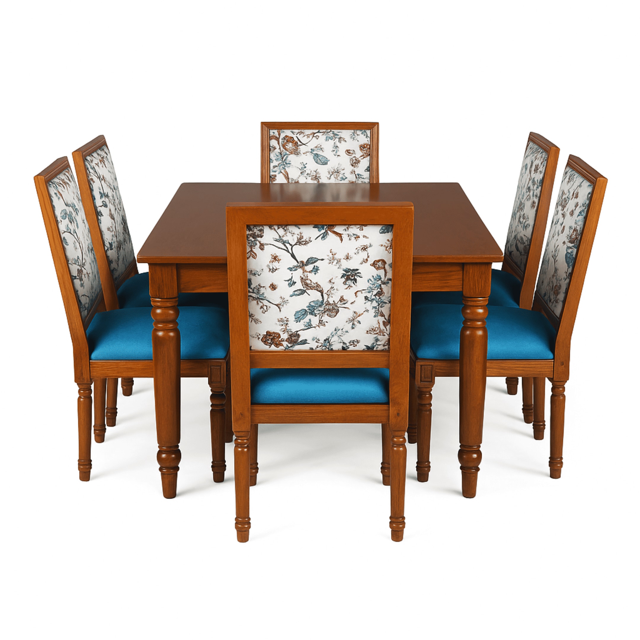 Globally Indian Sheesham Wood Turning Leg 6 Seater Dining Table Set With 6 Solid Wood Upholstered Chairs –  In Blue Color