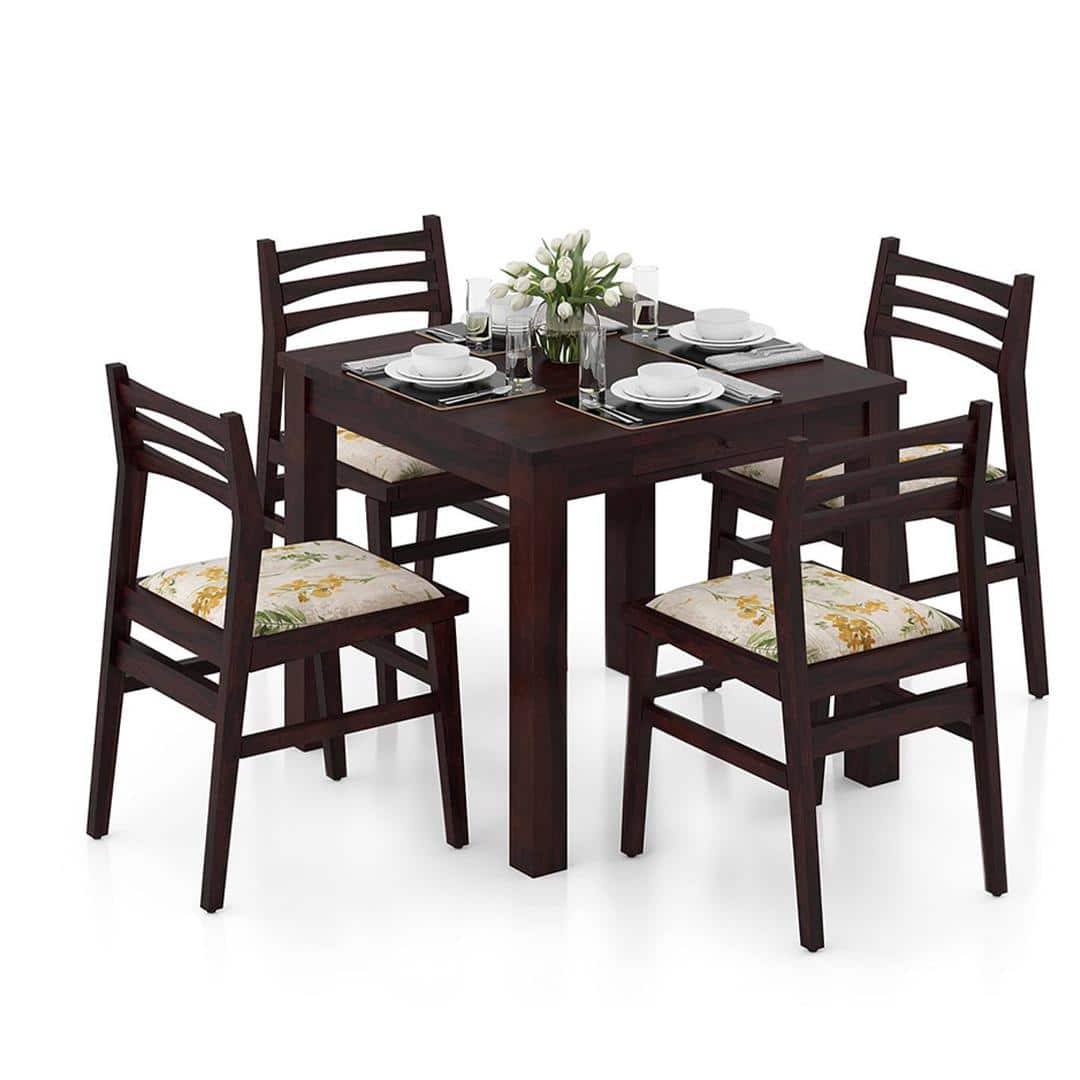 Arabia Leon Solid Wood 4 Seater Dining Table With Set Of 4 Chairs (Colour- Mustard Florals, Finish- Mahogany)