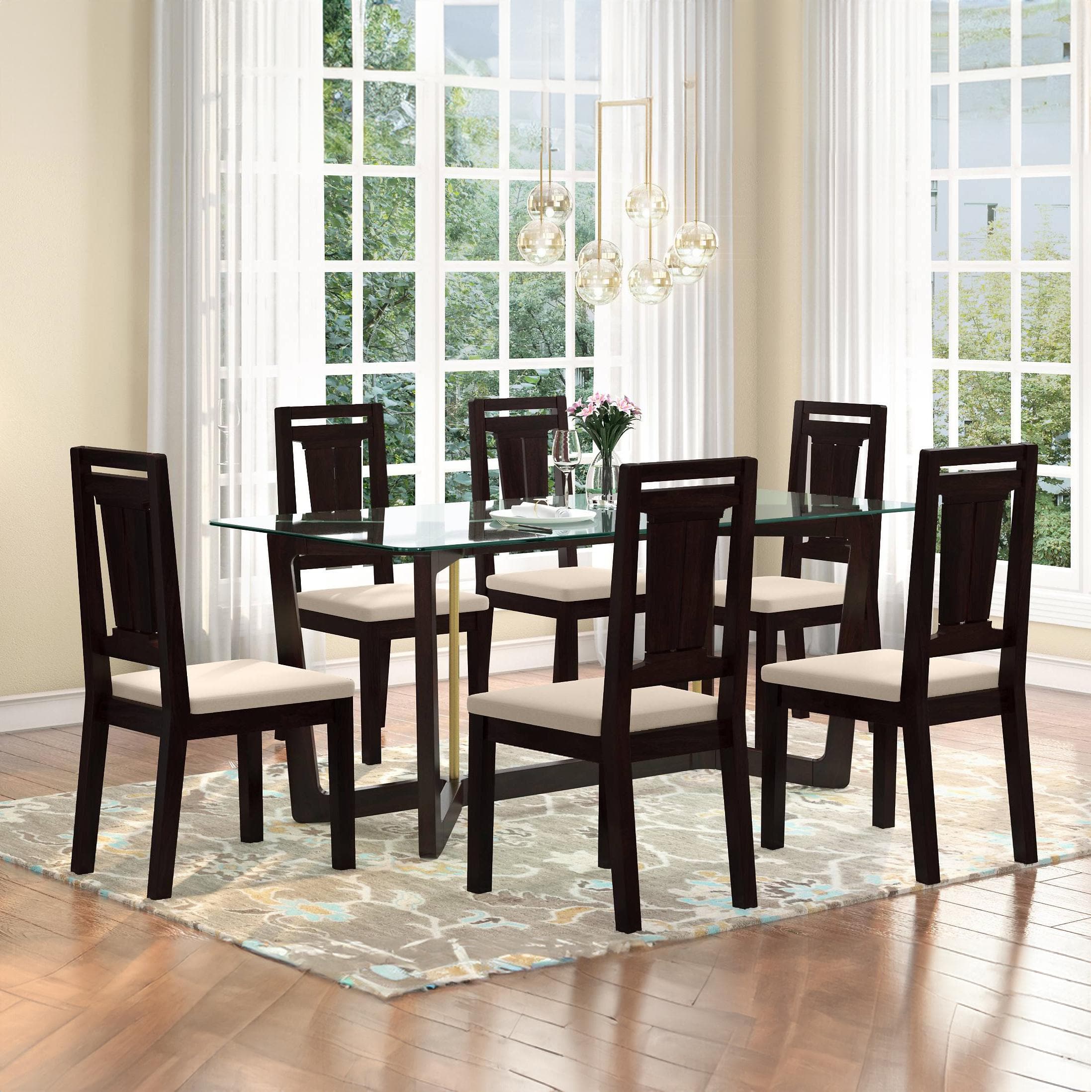Bourdaine Glass 6 Seater Dining Table In Mahogany Finish