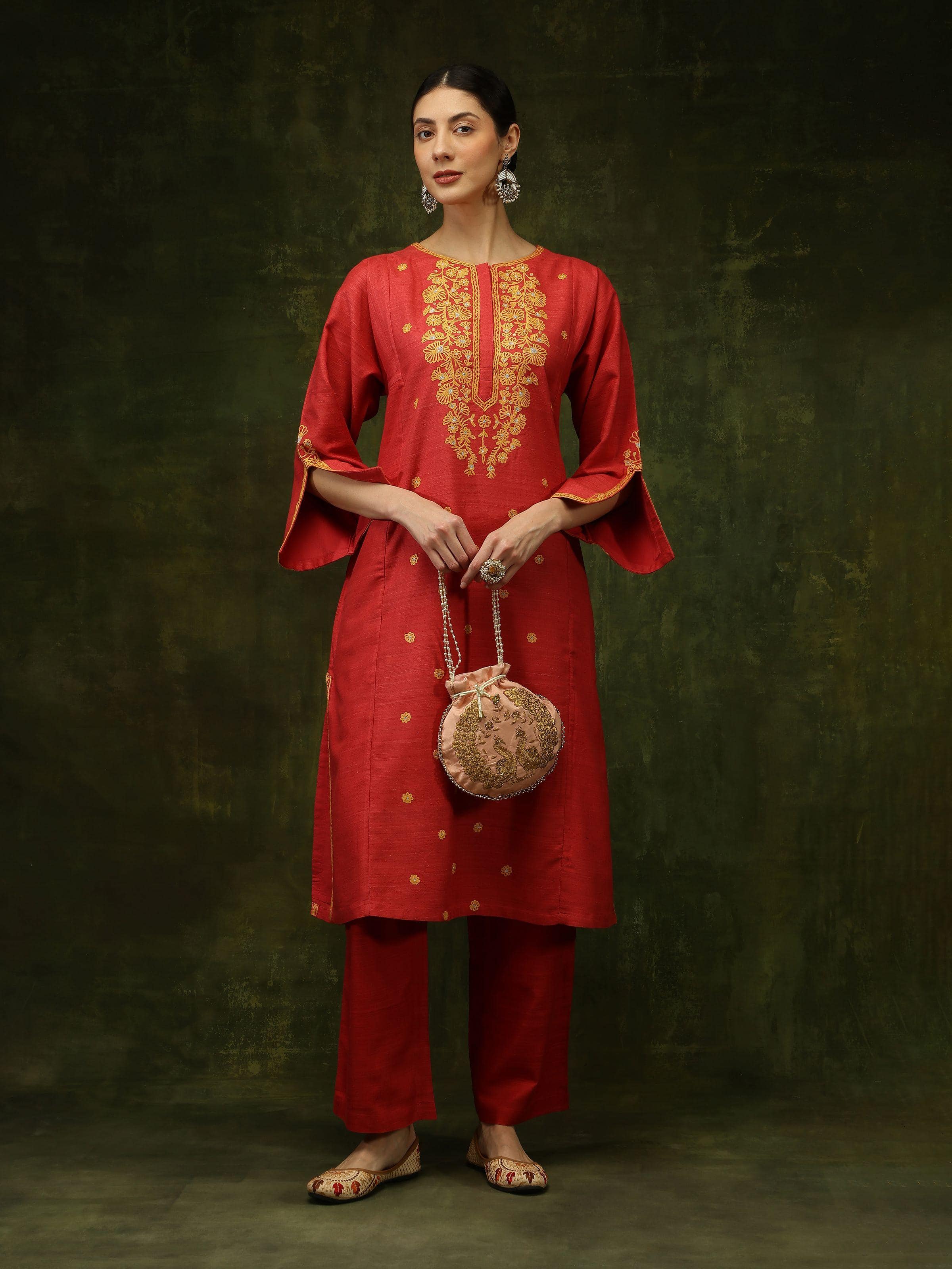 Coral Silk Crewel Embroidered A-Line Kurta