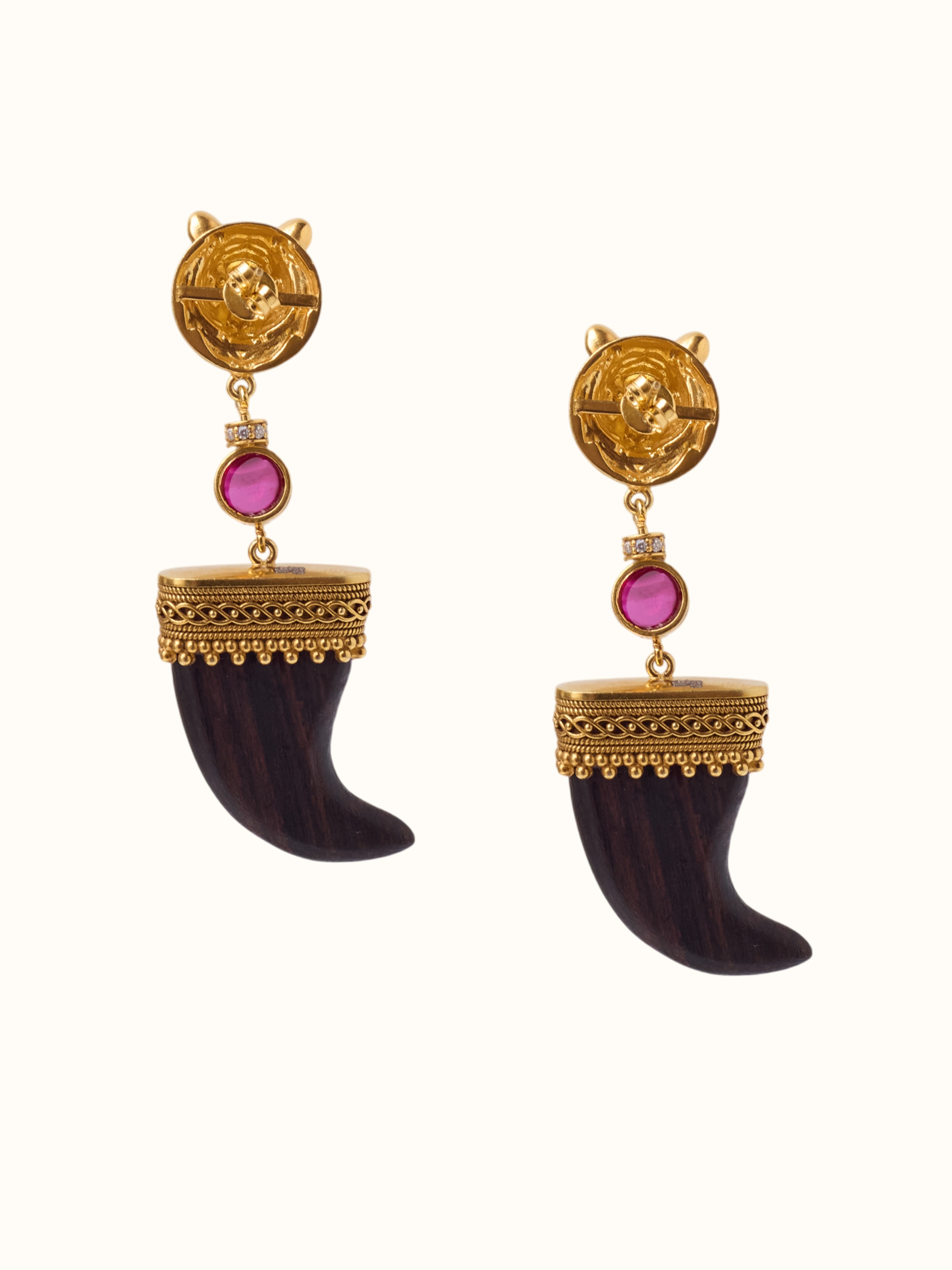 Carved Wood & Silver Drop Earrings