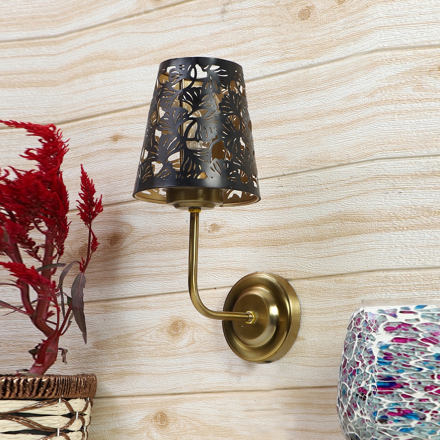 Devansh Metal Electric Wall Light in Gold Colour with Black Shade Count of 1 Light - Devansh