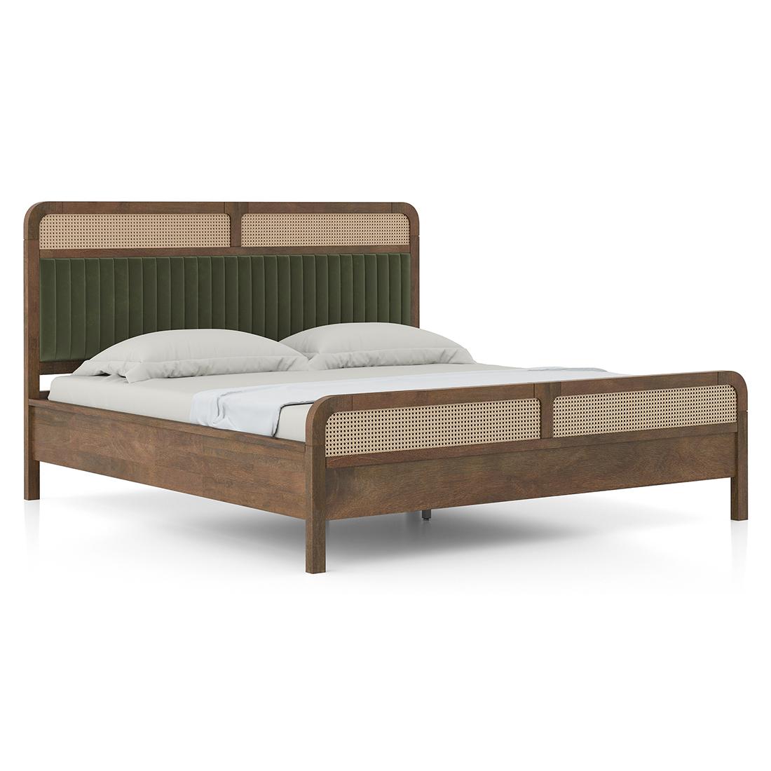 Hanoi Solid Wood Cane King Size Nonstorage Bed In Danish Walnut Finish Fabric Deep Olive