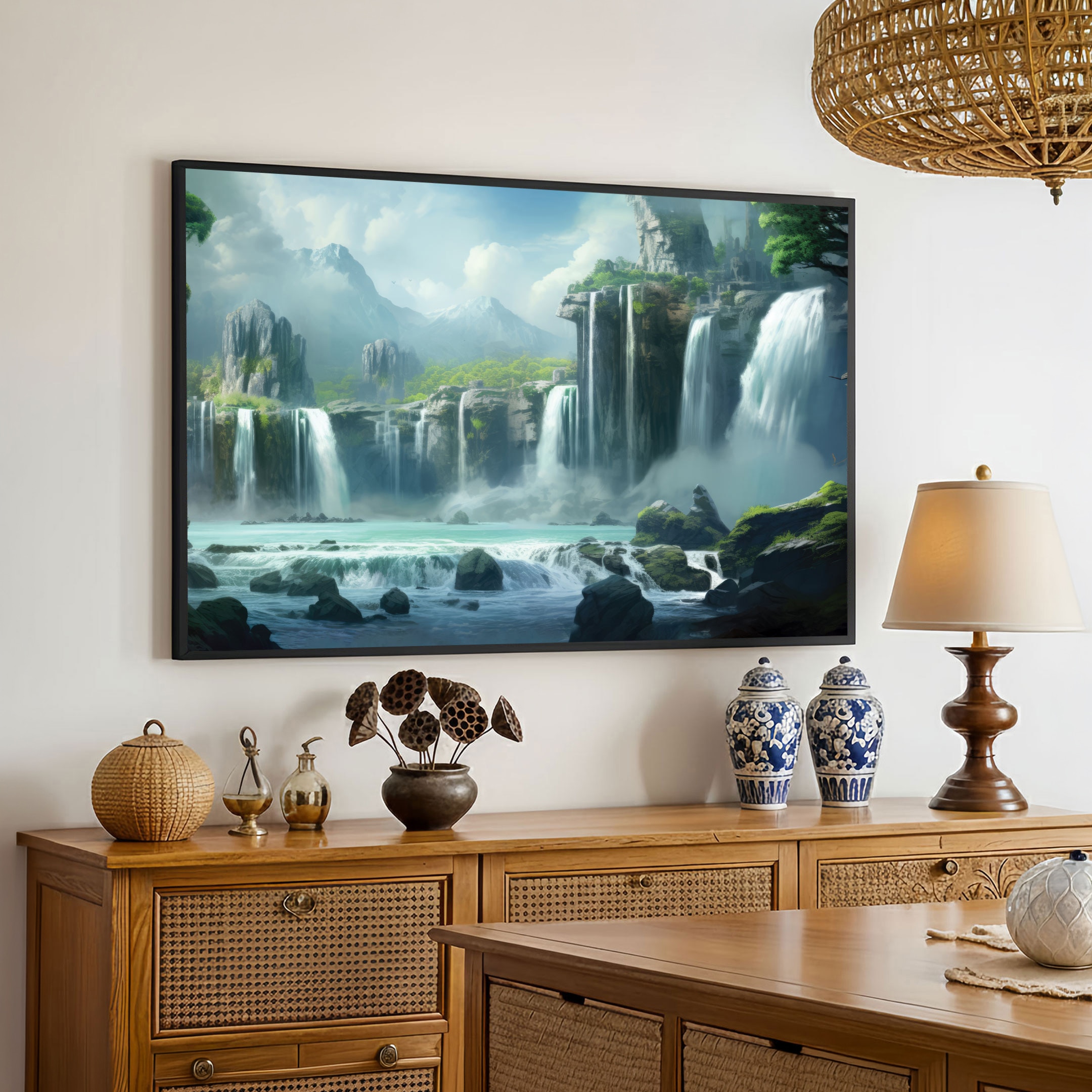 The Castle Decor Vastu Waterfall Wall Painting Framed Artwork 20x30 Inch Sparkle Finish - The Castle Decor