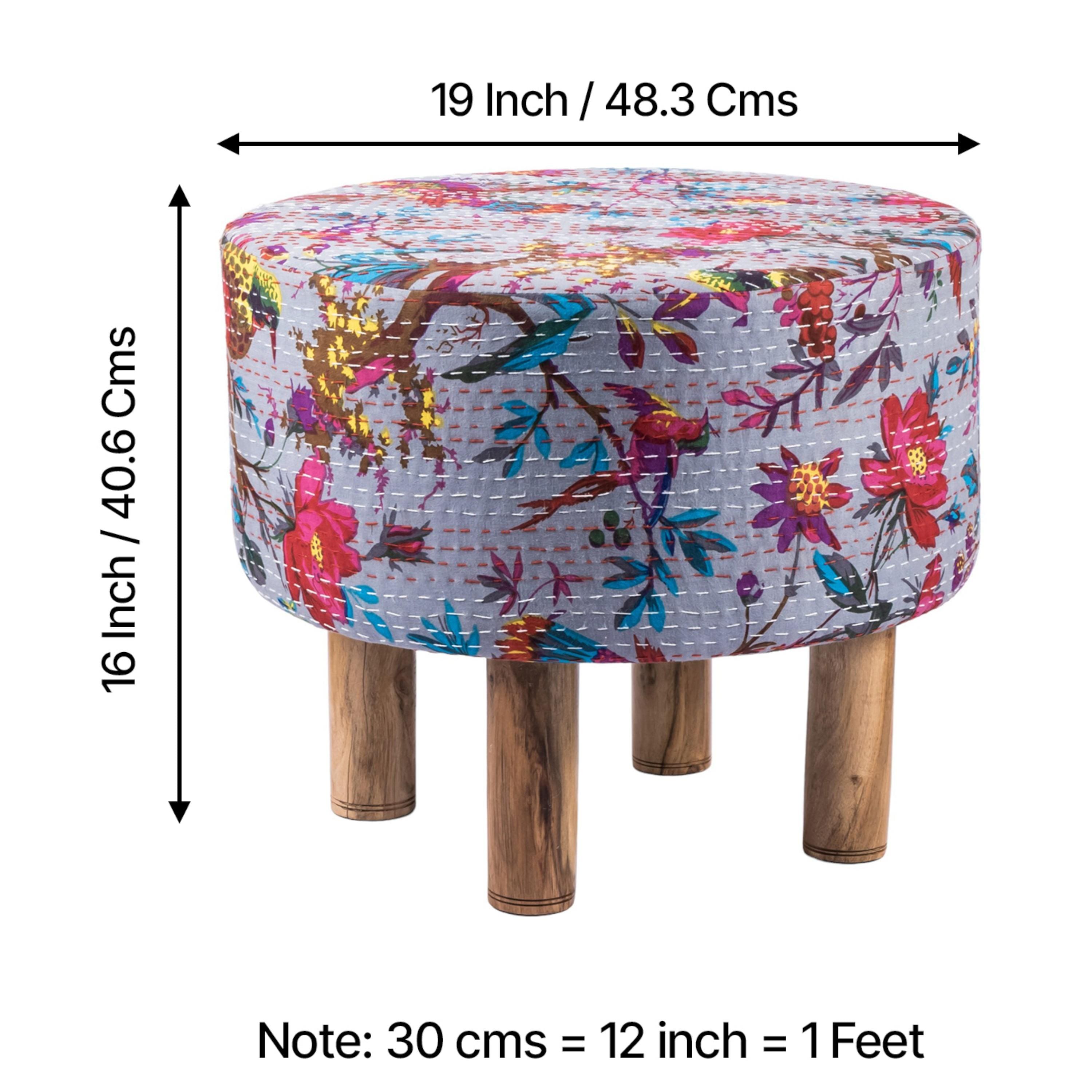 Collio Solid Wood Pouffee in Bird Print Grey Kantha Fabric