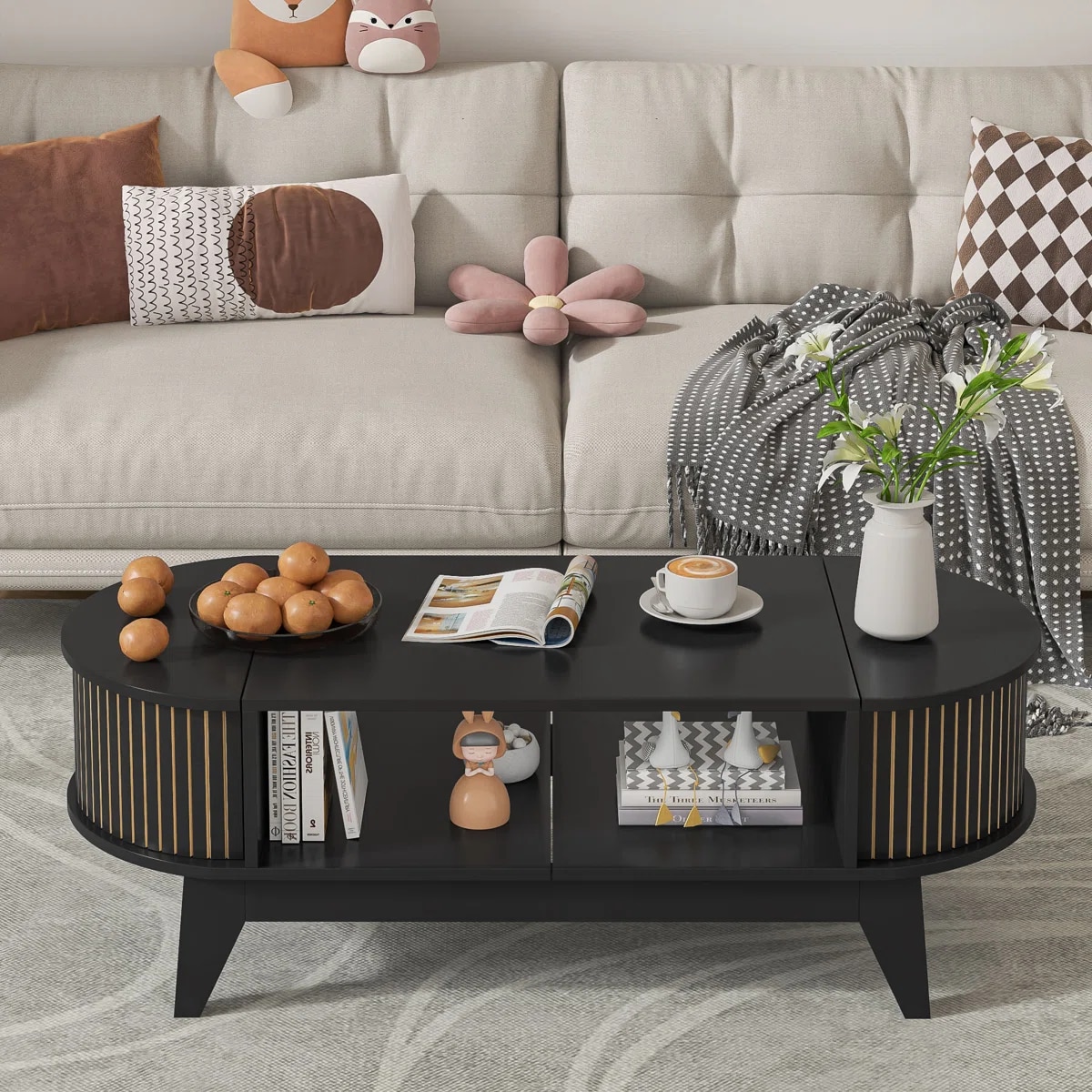 Oval Shaped Coffee Table With Storage, Fluted Accent Table For Living Room