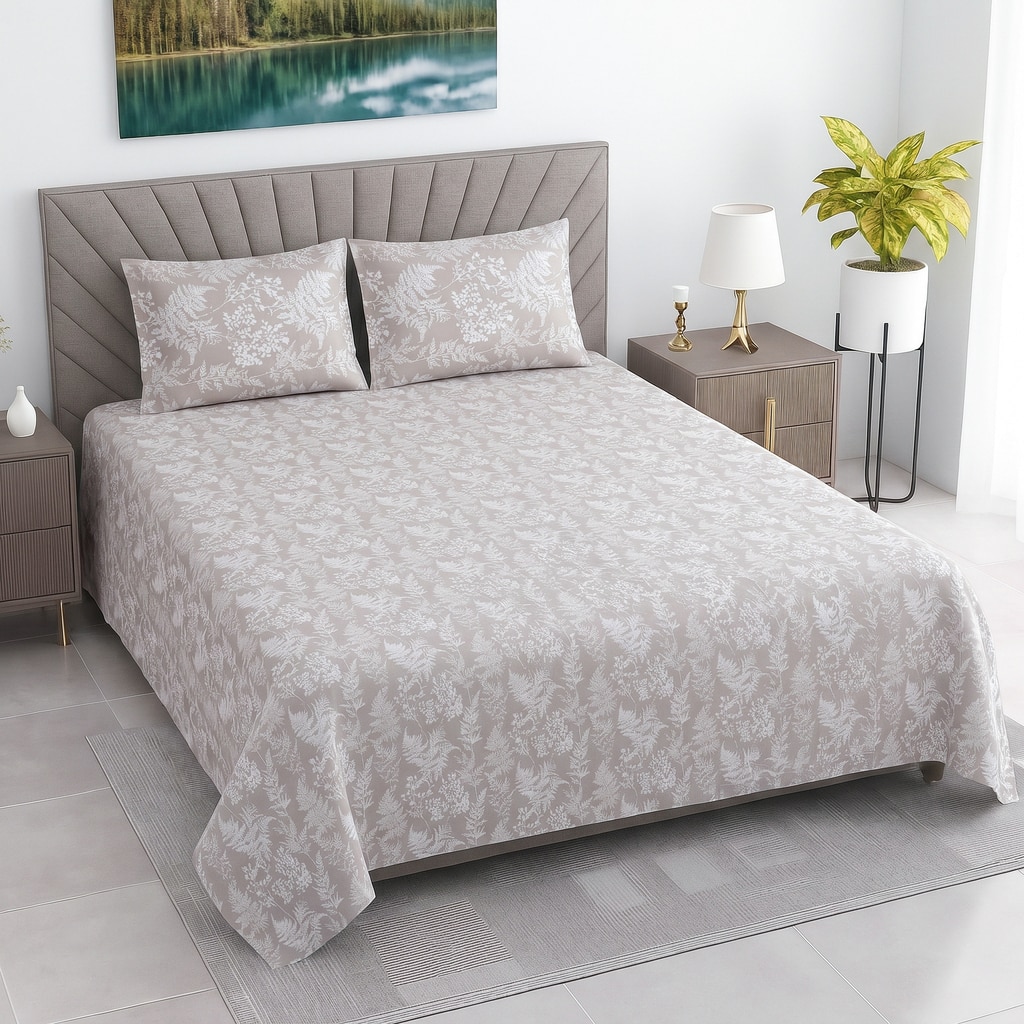 Creamy Beigefloral Cotton 400 Tc Flat Double Queen Size Bedsheet With 2 Pillow Covers