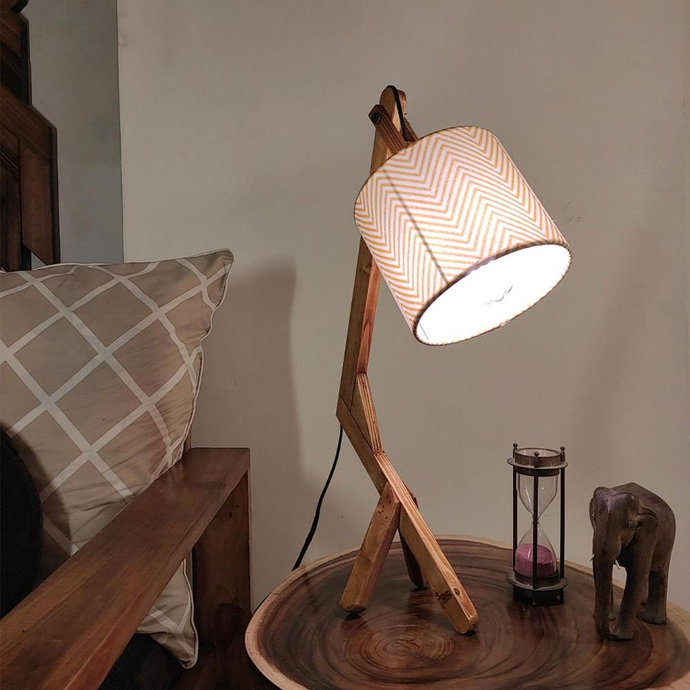 Emphasis Wooden Table Lamp with Brown Base and Yellow Fabric Lampshade