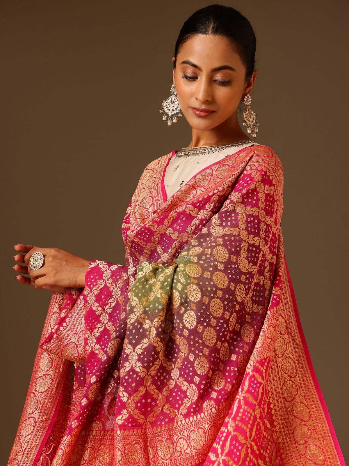 Pink Silk Georgette Bandhani Tie & Dye Dupatta