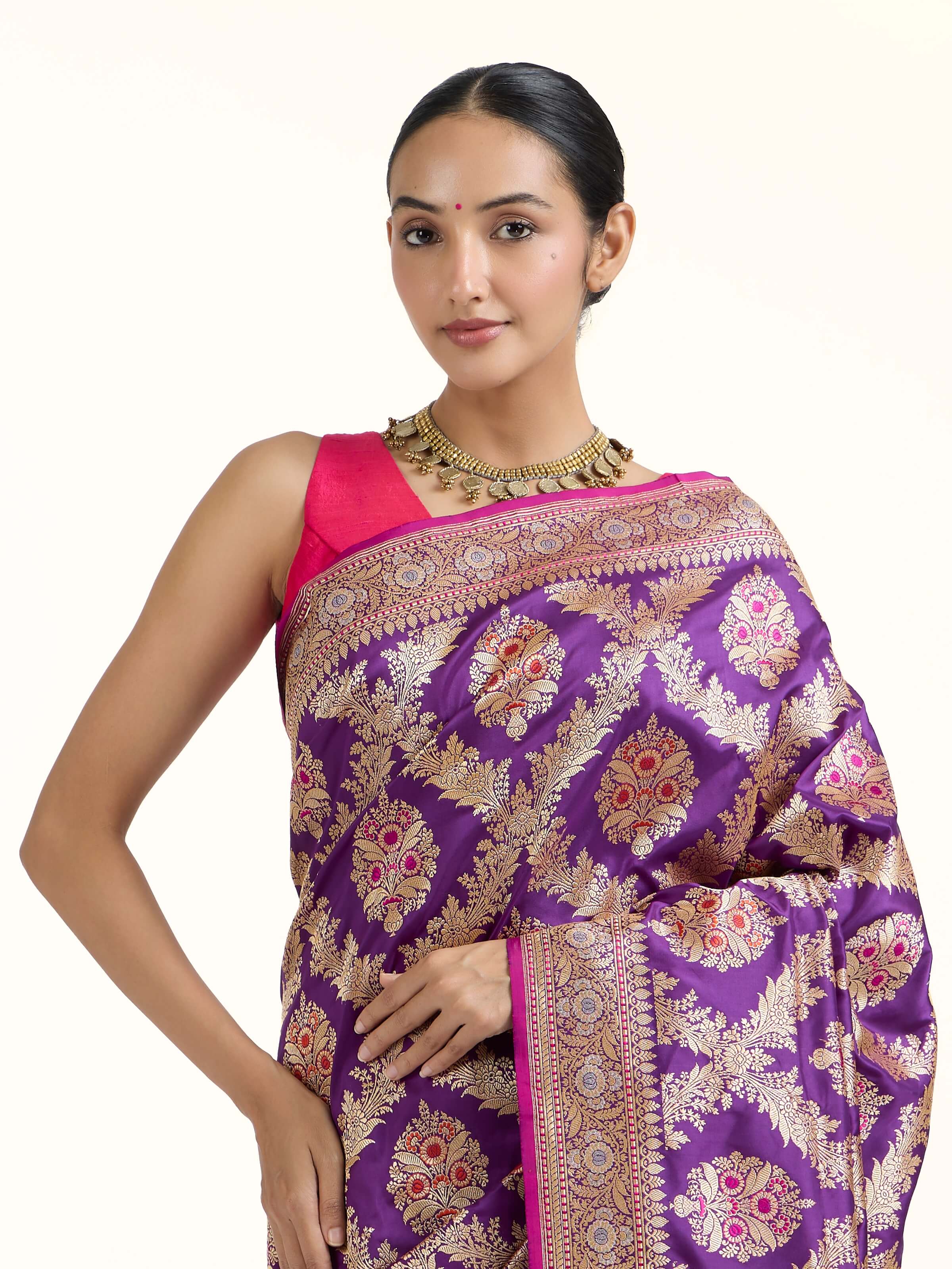 Angled view of the Purple Banarasi Kadhwa Silk Saree