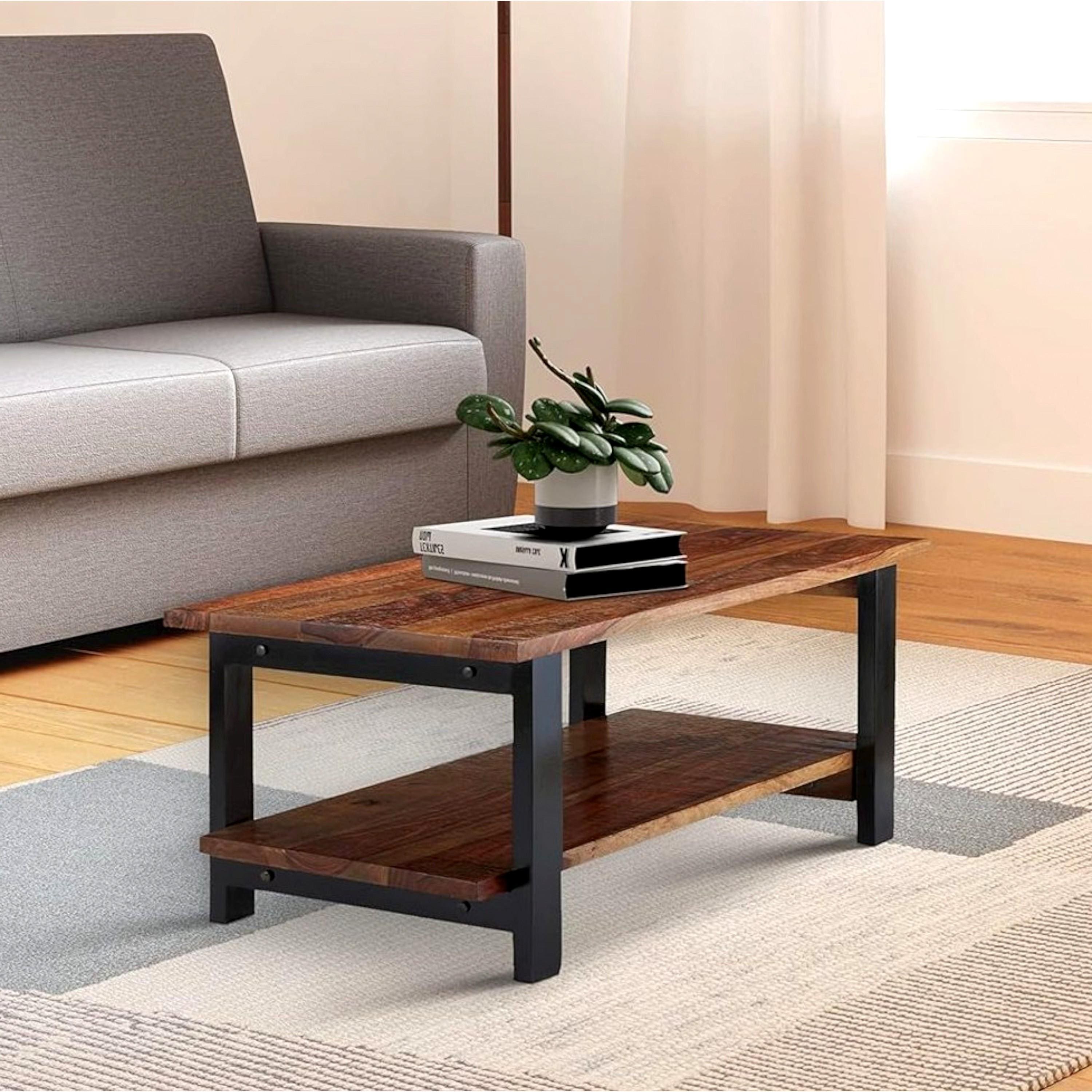 Aroda Sheesham Wood Contemporary Rectangle Coffee Table In Natural Teak Finish