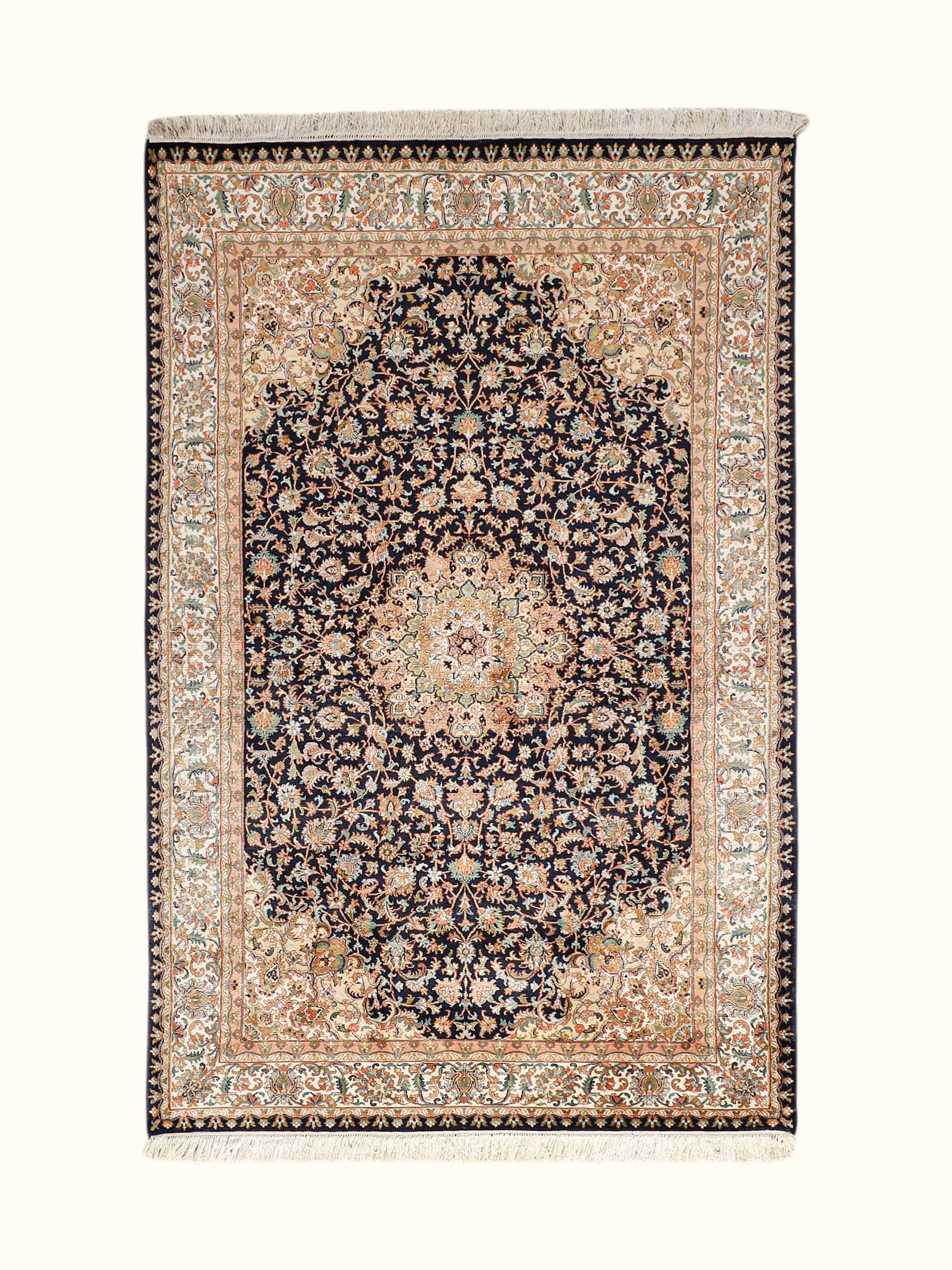 Traditional Persian Navy Ivory Kashan Kashmir Silk Hand-Knotted Carpet