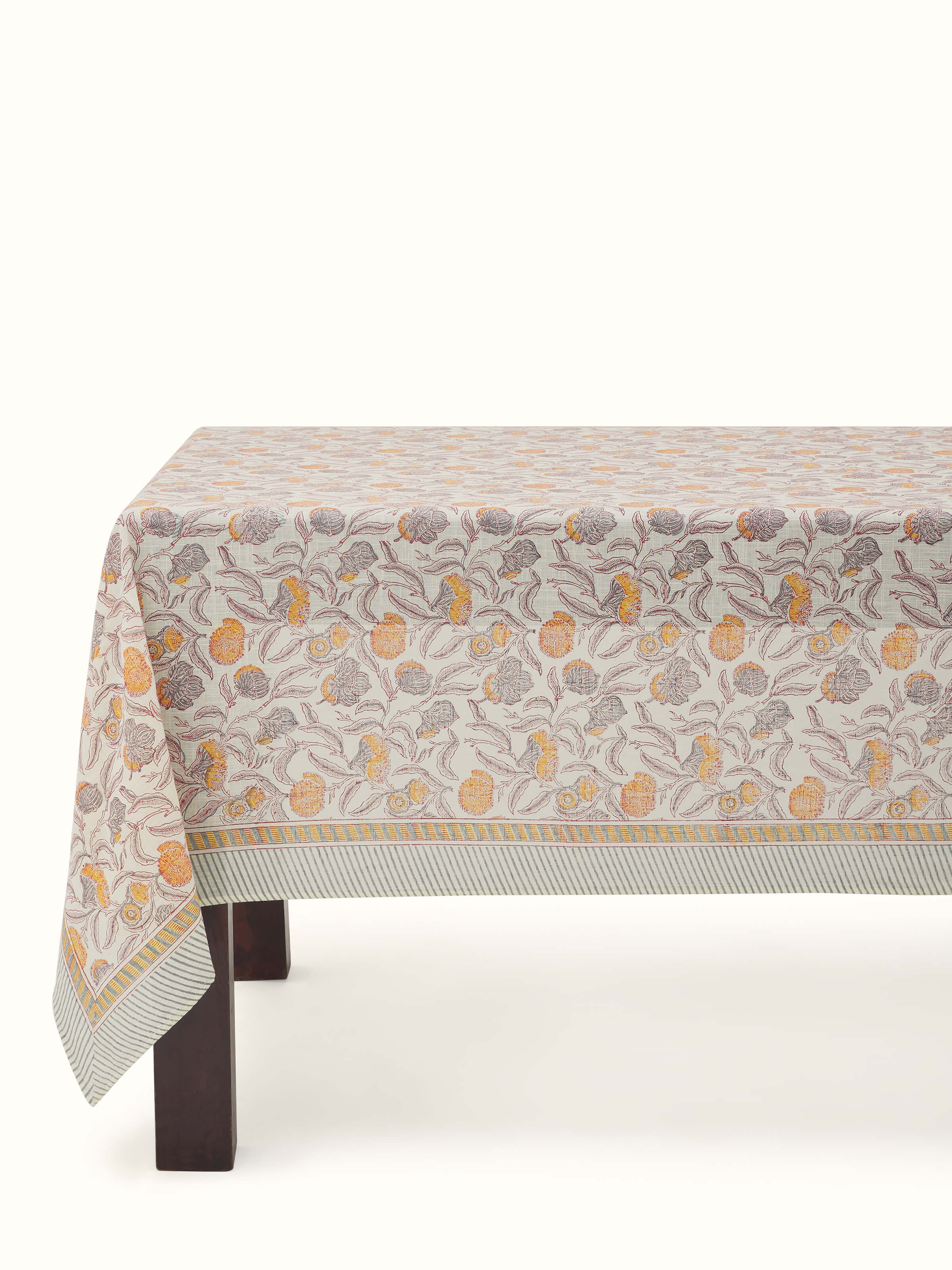 Samaha Grey Floral Cotton Sanganeri Hand Block Printed Table Cover 8 Seater