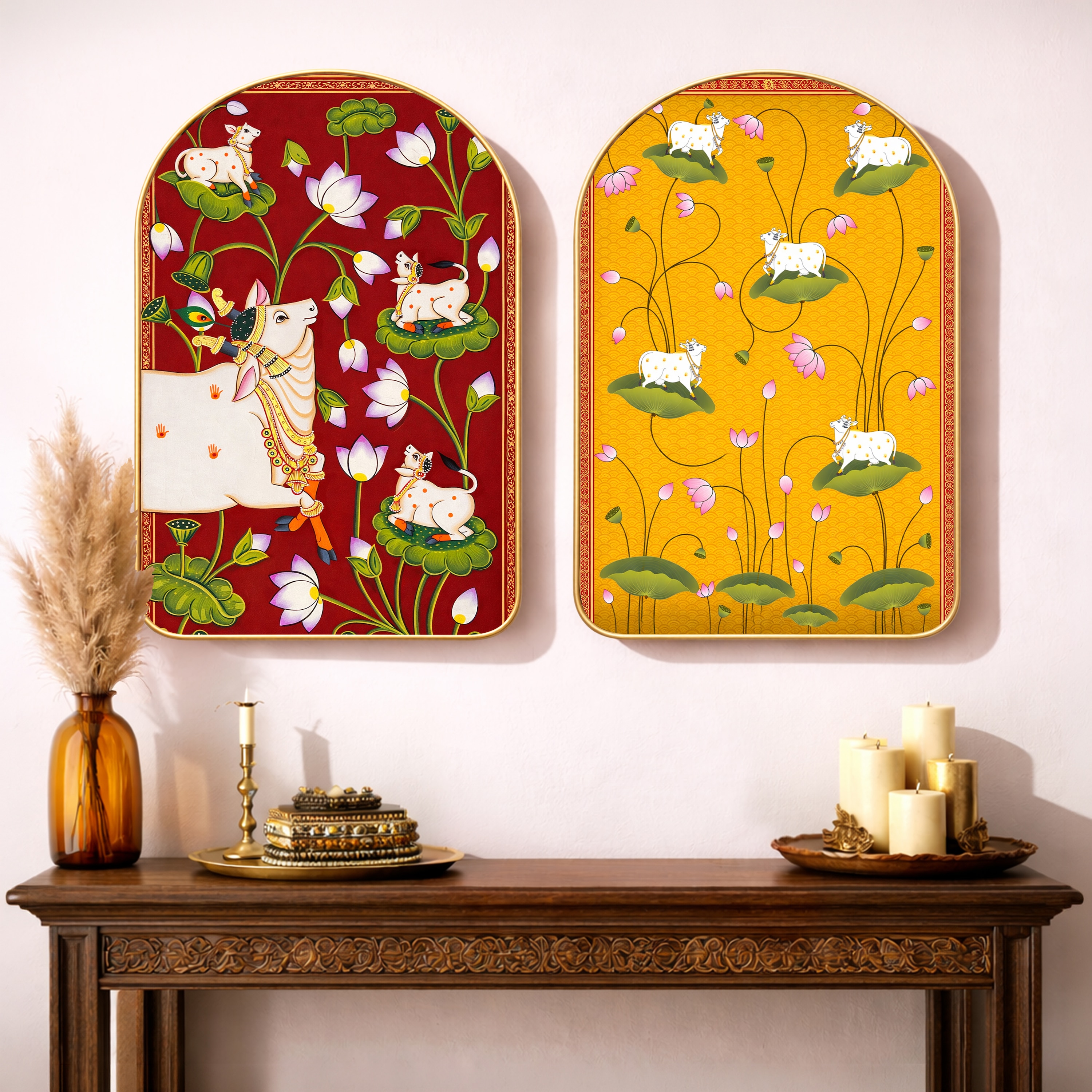 Pichwai Cow and Flowers Wall Art Painting Set of 2 with Gold Frame 16 x 24 Inch - Art Street