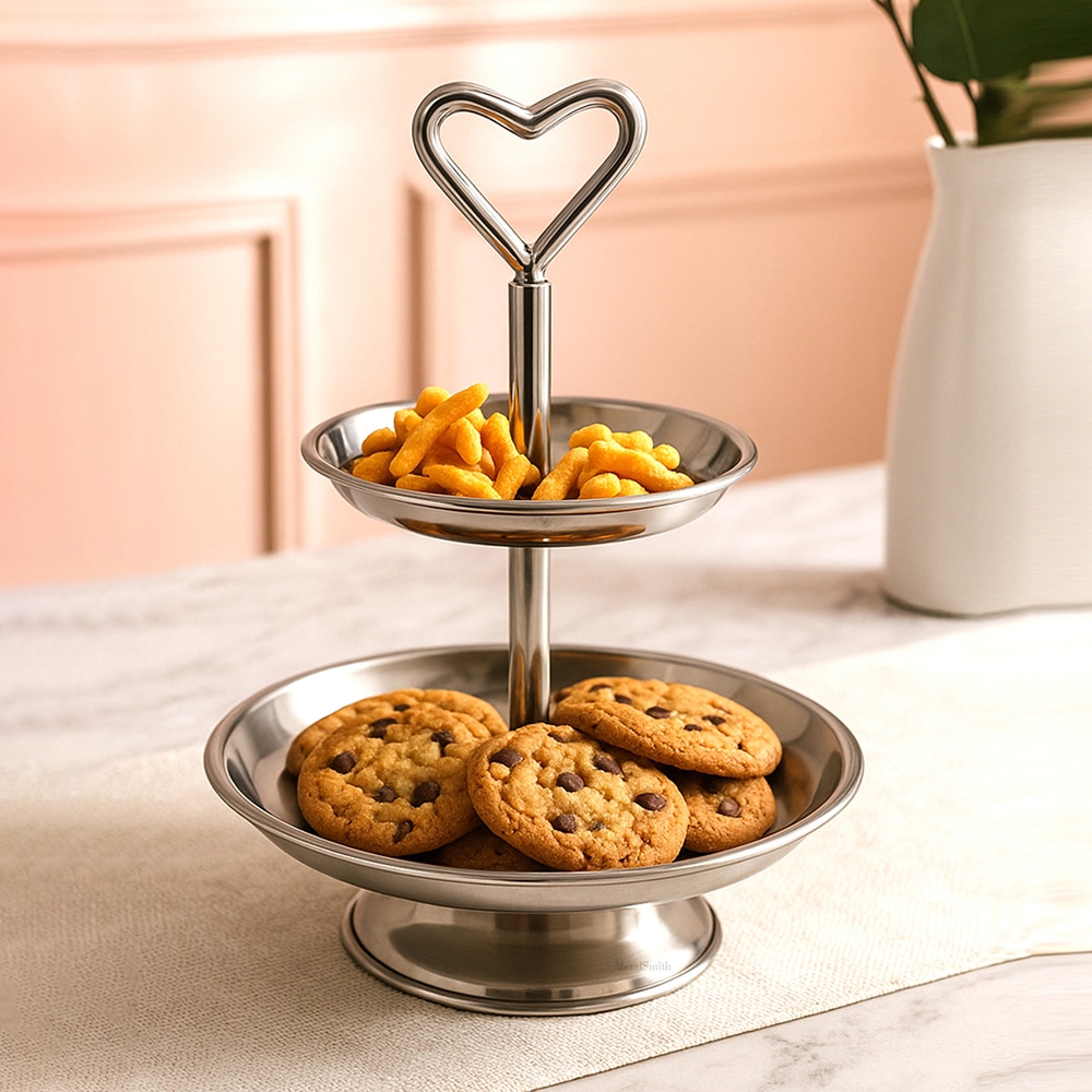 Metalsmith Two Tier Serveware Stand with Heart Handle Silver Finish - Metalsmith