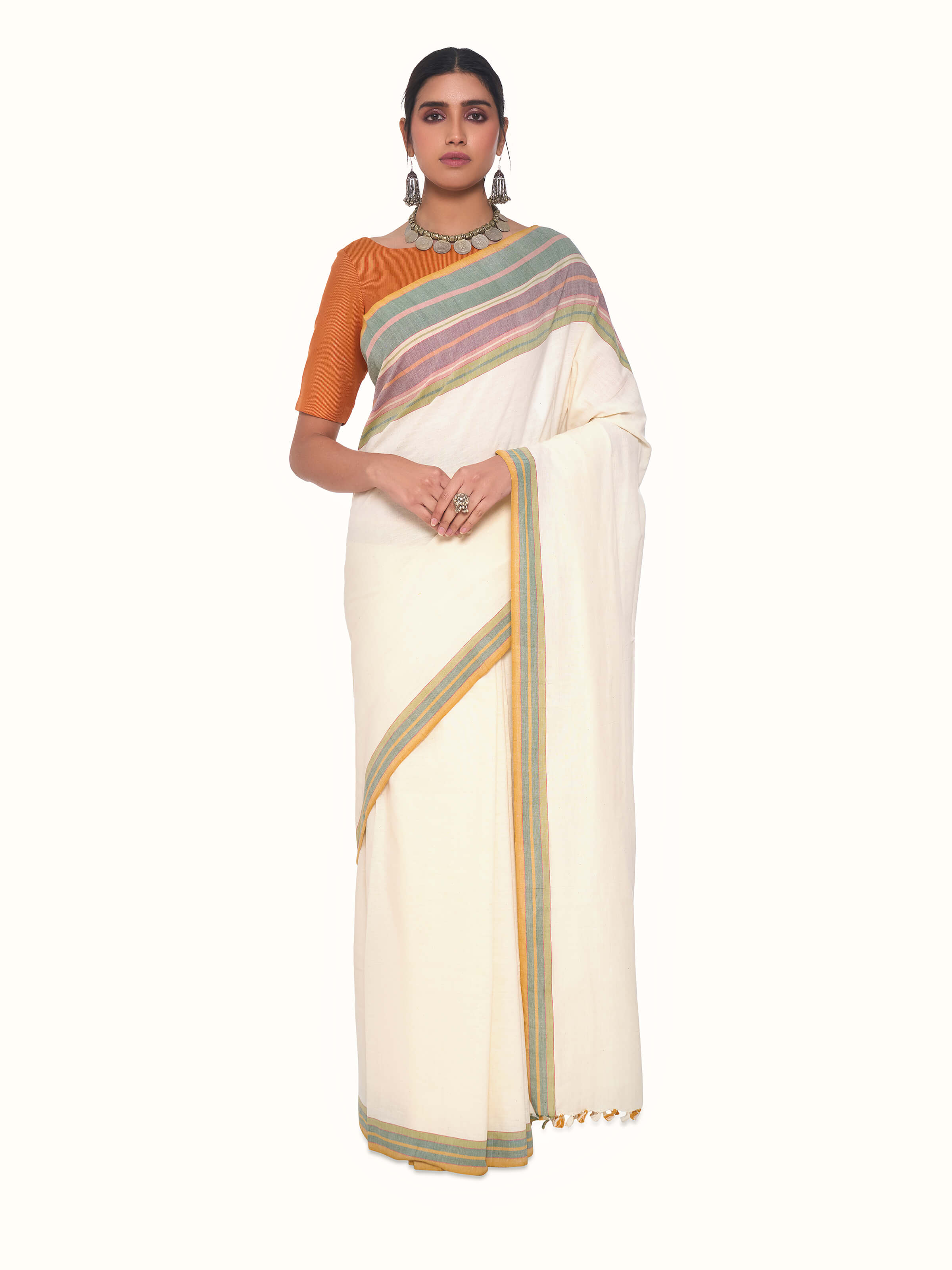 Front view of cream cotton hand-spun striped saree with subtle woven stripes