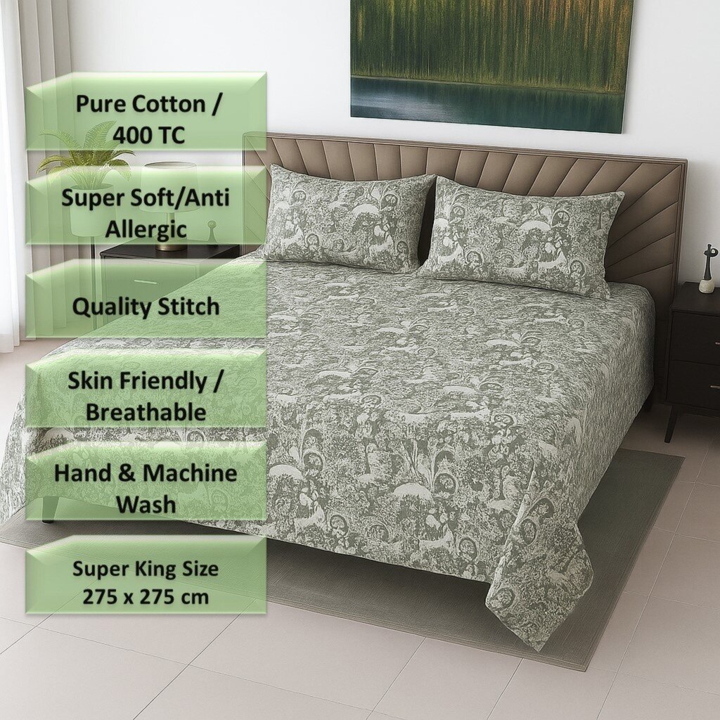 Off White & Green  Color Floral 400 TC Cotton Flat Super King Bed Size Bedsheet With 2 Pilllow Covers  Threads