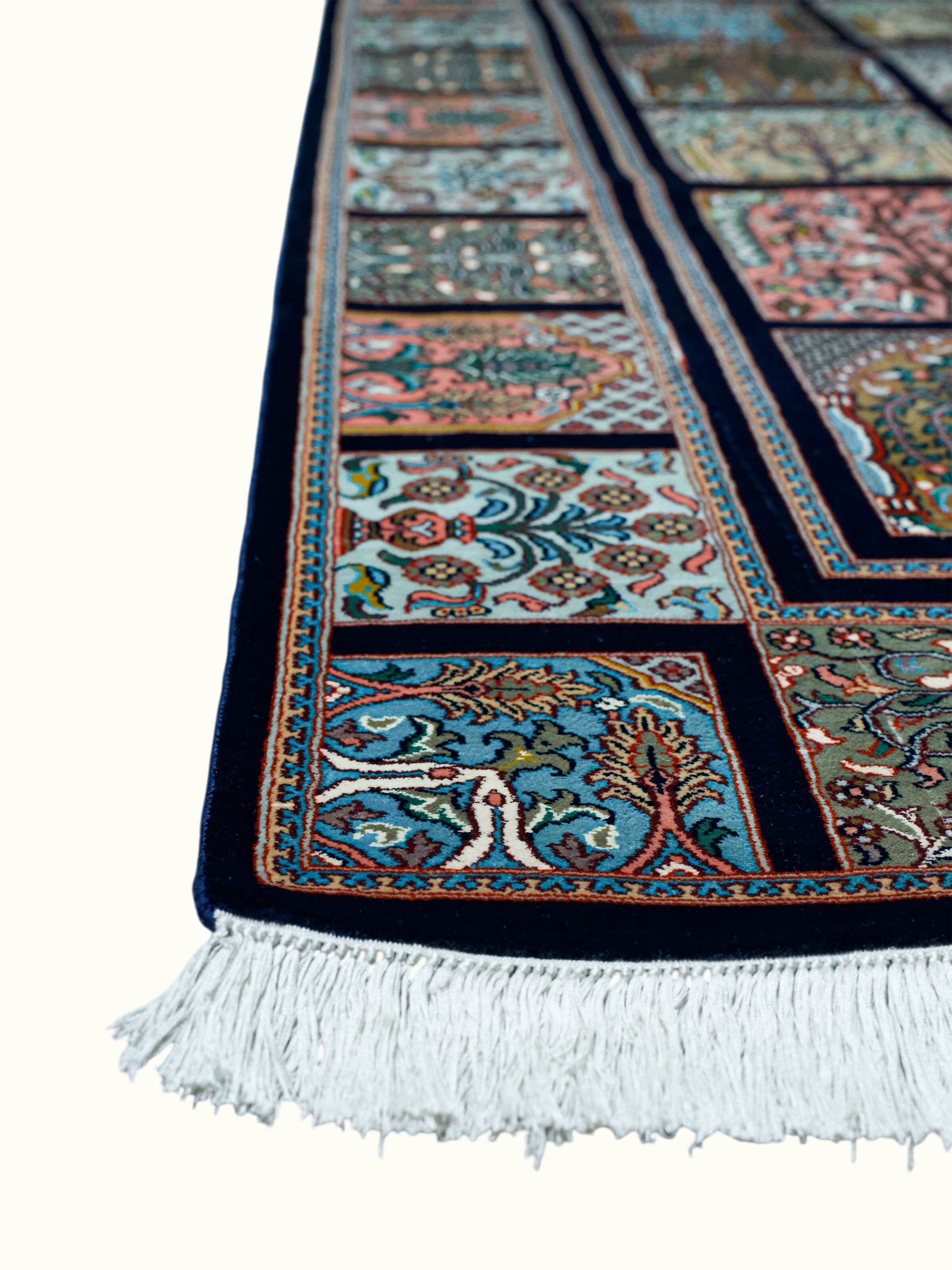 Traditional Persian Navy Pink Hamadan Kashmir Silk Hand-Knotted Carpet