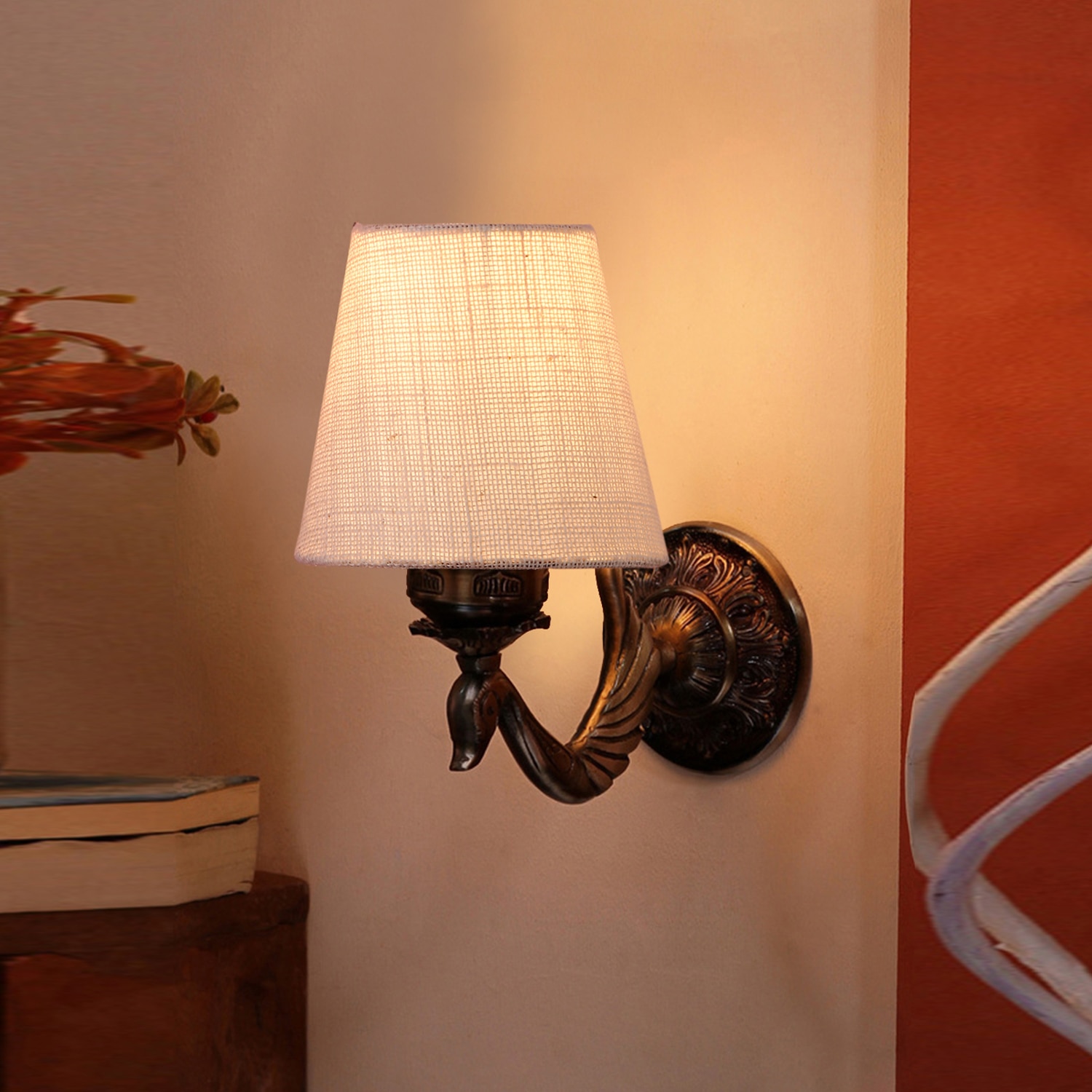 Devansh Metal Electric Wall Light in Antique Gold Colour with White Shade Count of 1 Light - Devansh