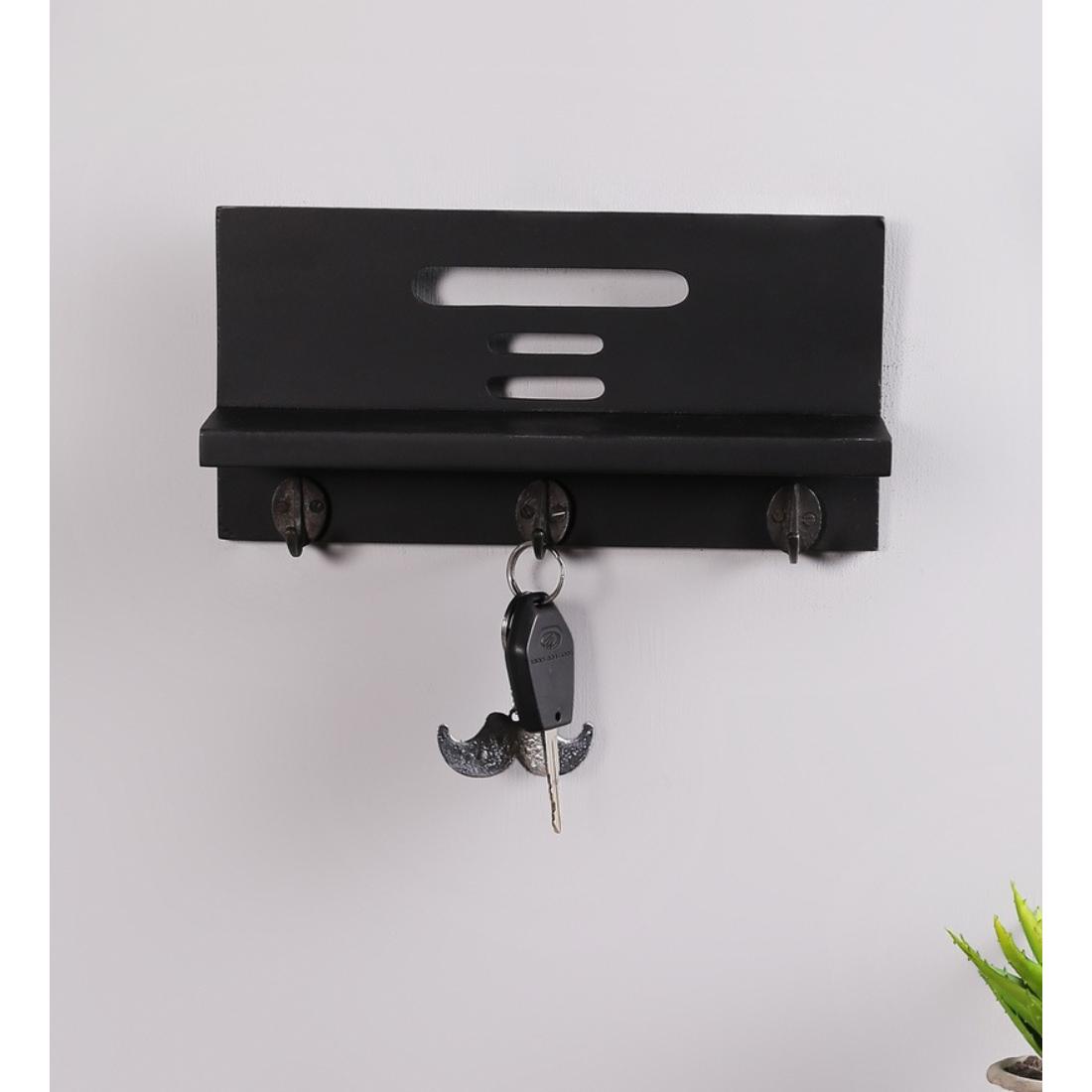 MDF Wood Wall Shelf with 3 Key Hooks in Black Colour-image-19