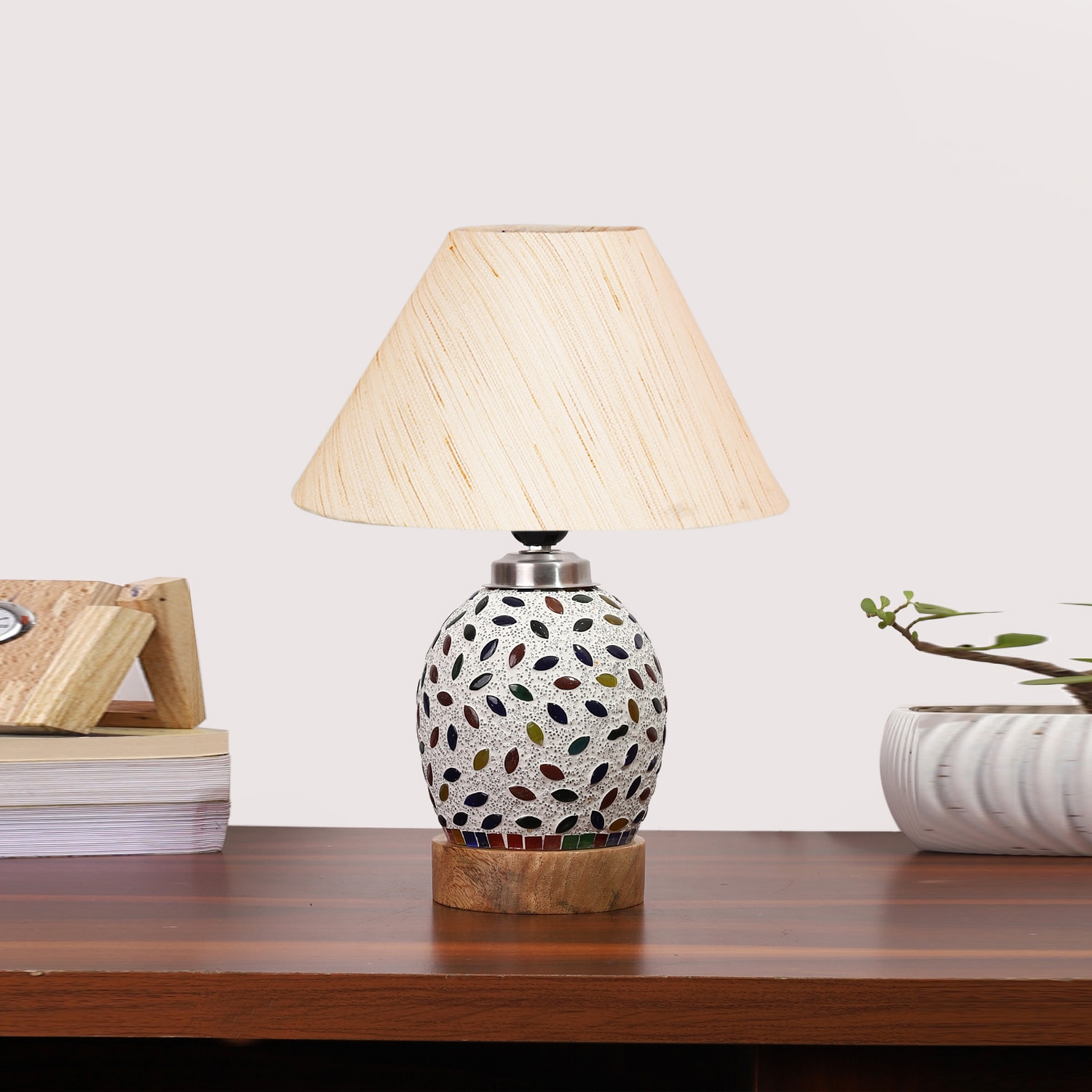 Devansh Conical Off White Cotton Shade Lamp With Wood & Mosaic Glass Base For Decoration/Office/Home/Gifting/Study For Decoration/Office/Home/Gifting/Study -(10X10X14.5) Inches -A - Devansh