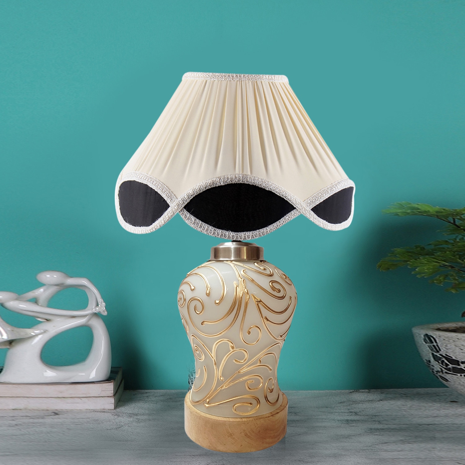 Devansh Vintage Multicolored Cotton Shade  Lamp With  Wood & Mosaic Glass Base For Decoration /Office/Home/Gifting/Study For Office/Home/Gifting -(12X12X16.5) Inches -