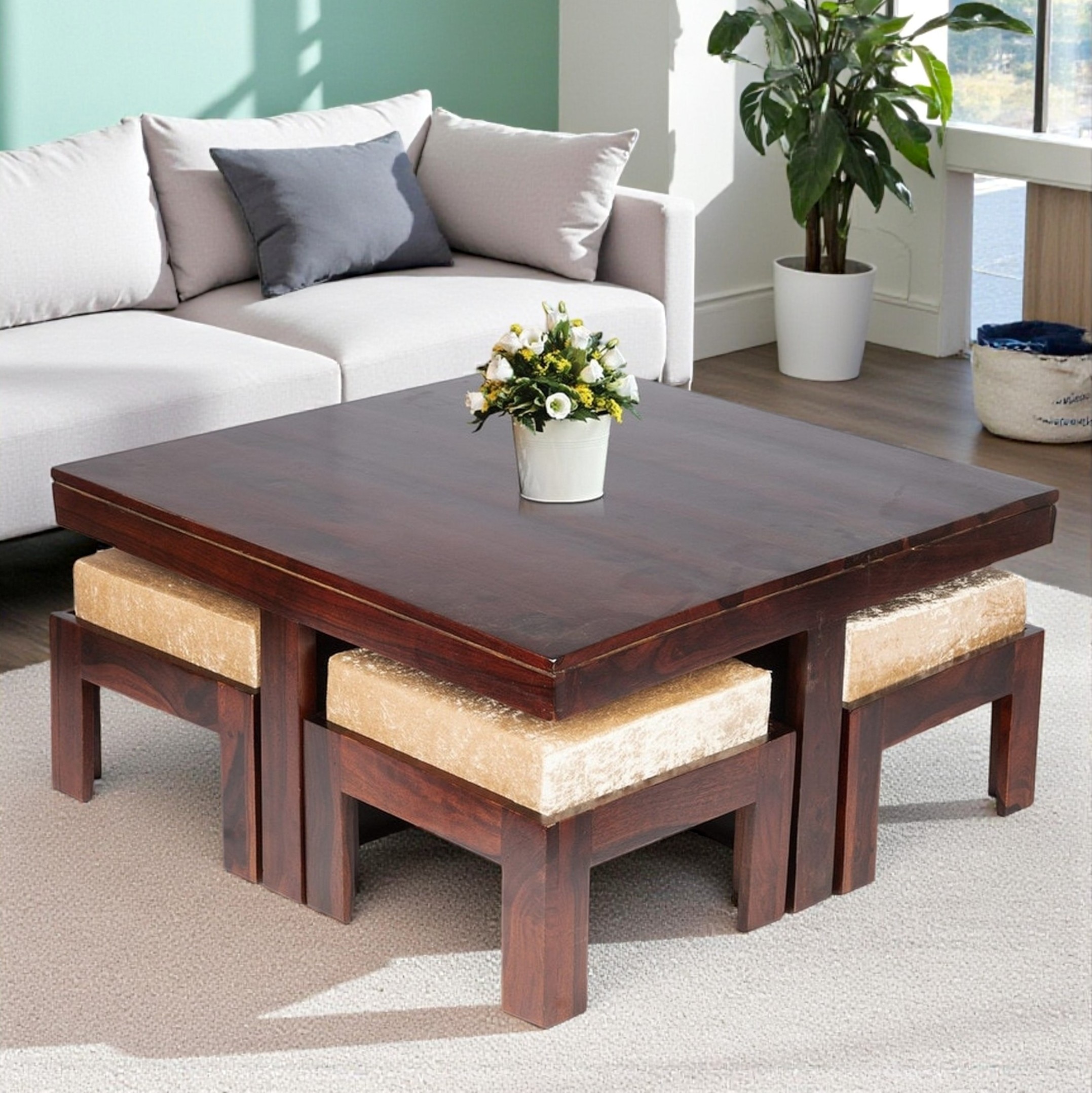 Blane Sheesham Wood 4 Seater Coffee Table Set In Walnut Finish