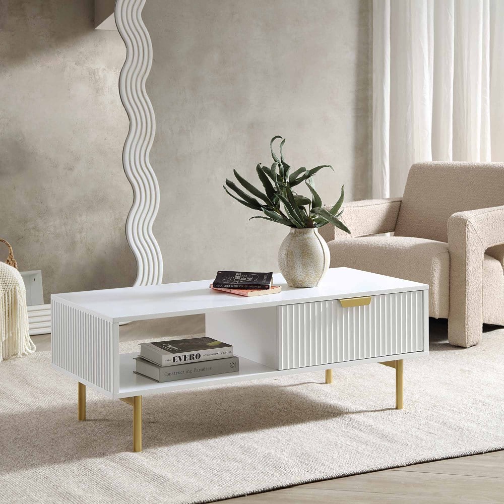 Velin Ridged Coffee Table with Drawer White