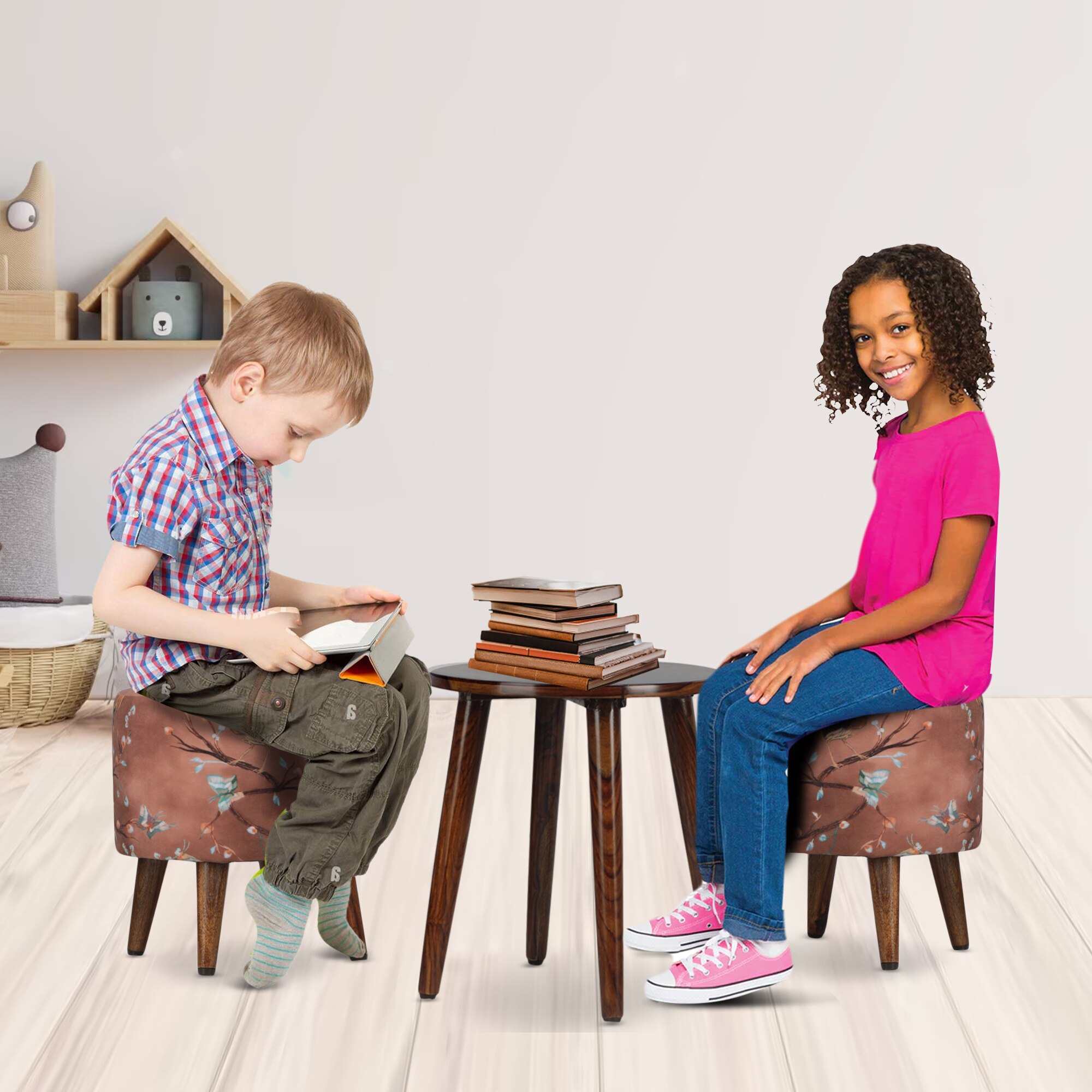 Luke Solid Wood  Ottomon in  Brown Colour