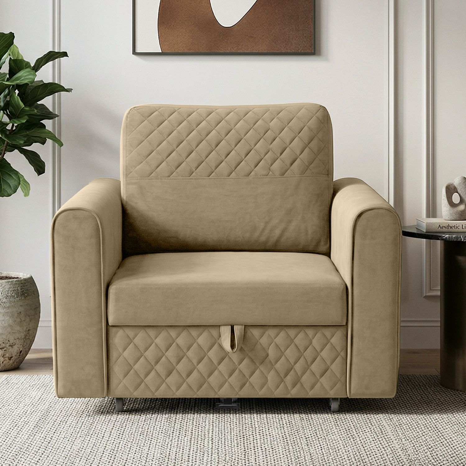 Baruna 1 Seater Velvet Pull Out Sofa Cum Bed with Storage In Beige Color - Home Lifestylez