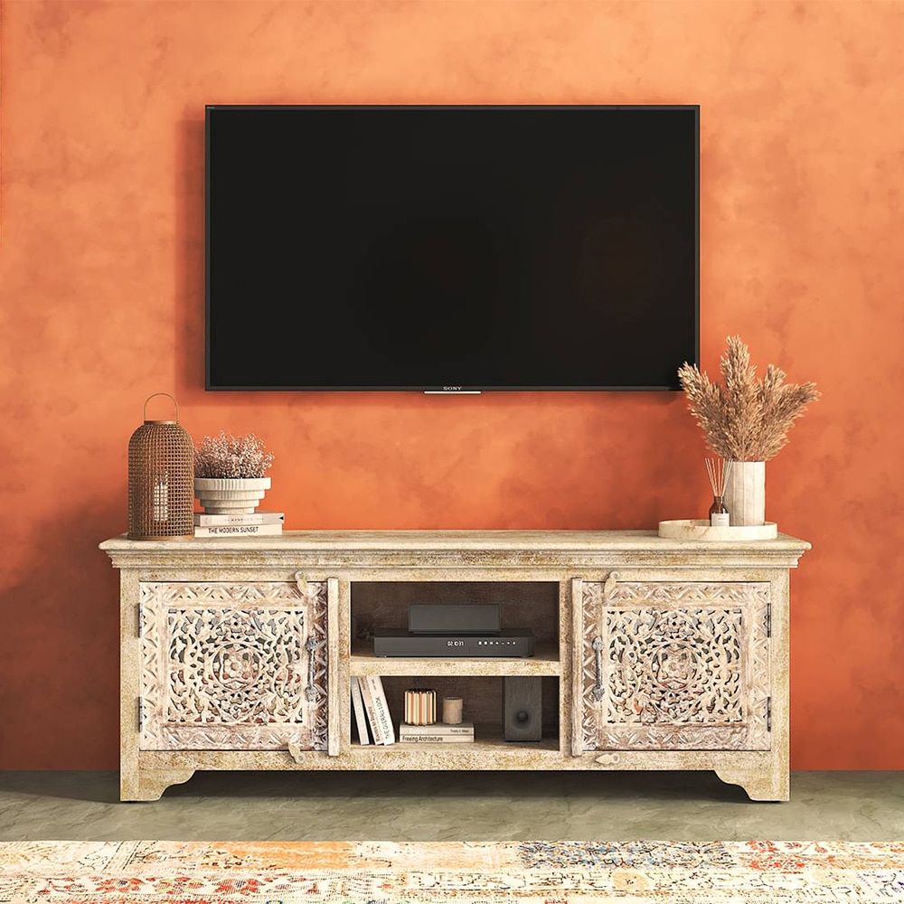 Anokhi Solid Wood Free Standing TV Unit In Rustic White Finish