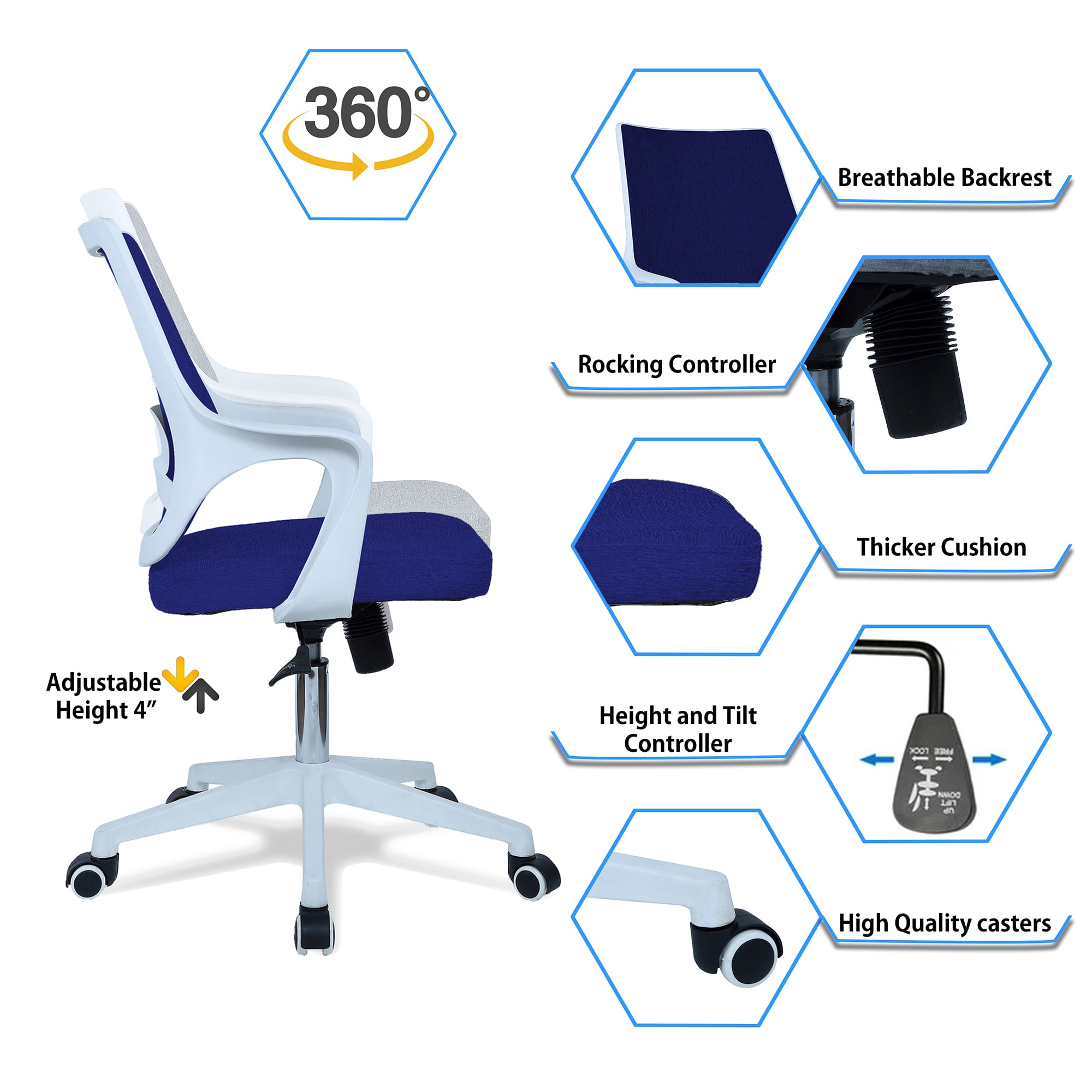 Mearveal Mid Back Ergonomic Chair in Blue Colour