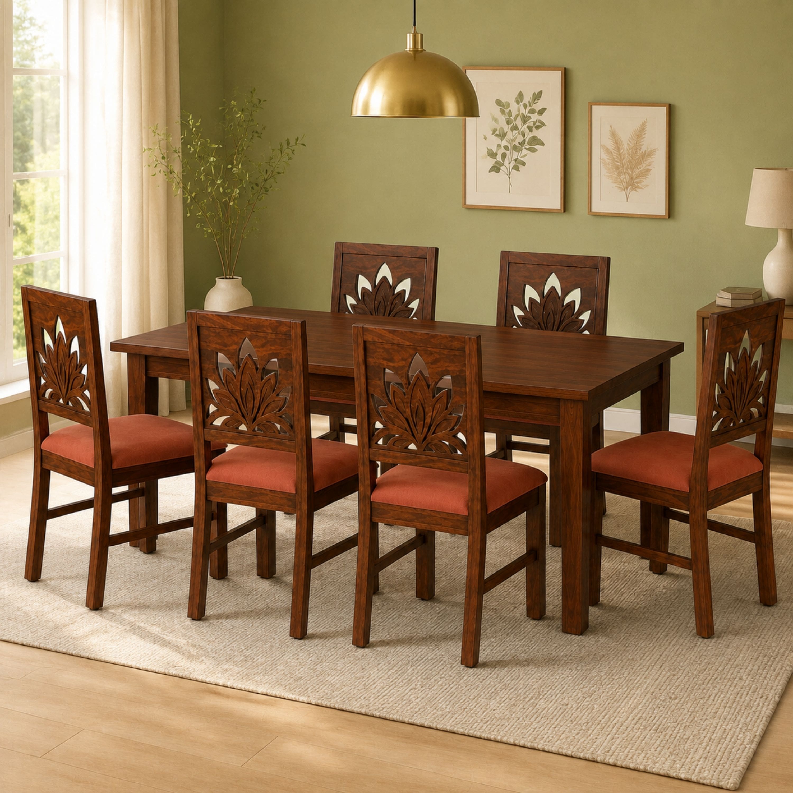 Globally Indian Yashvi Solid Sheesham Wood 6 Seater Dining Table Set 6 Chairs Terracotta Orange