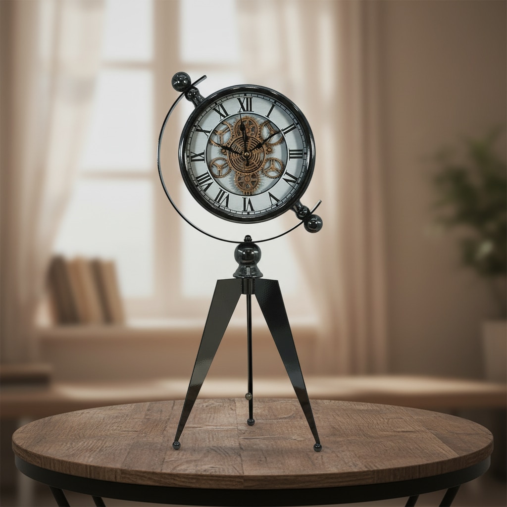 Vintage Industrial Gear Tripod Table Clock Glossy Black Metal Visible Gears