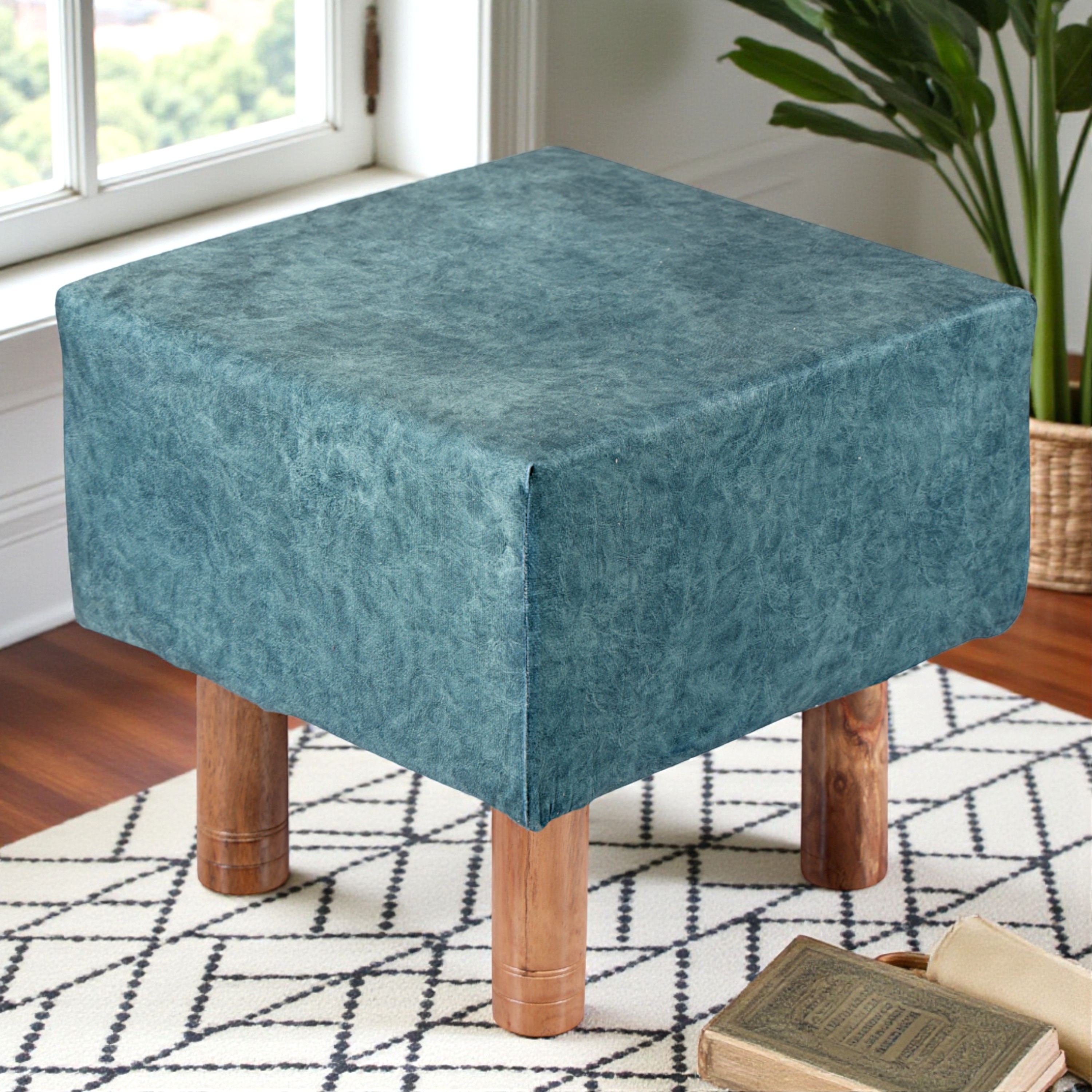 Verona Solid Wood Pouf Stool in Textured Cyan Blue Jackard fabric