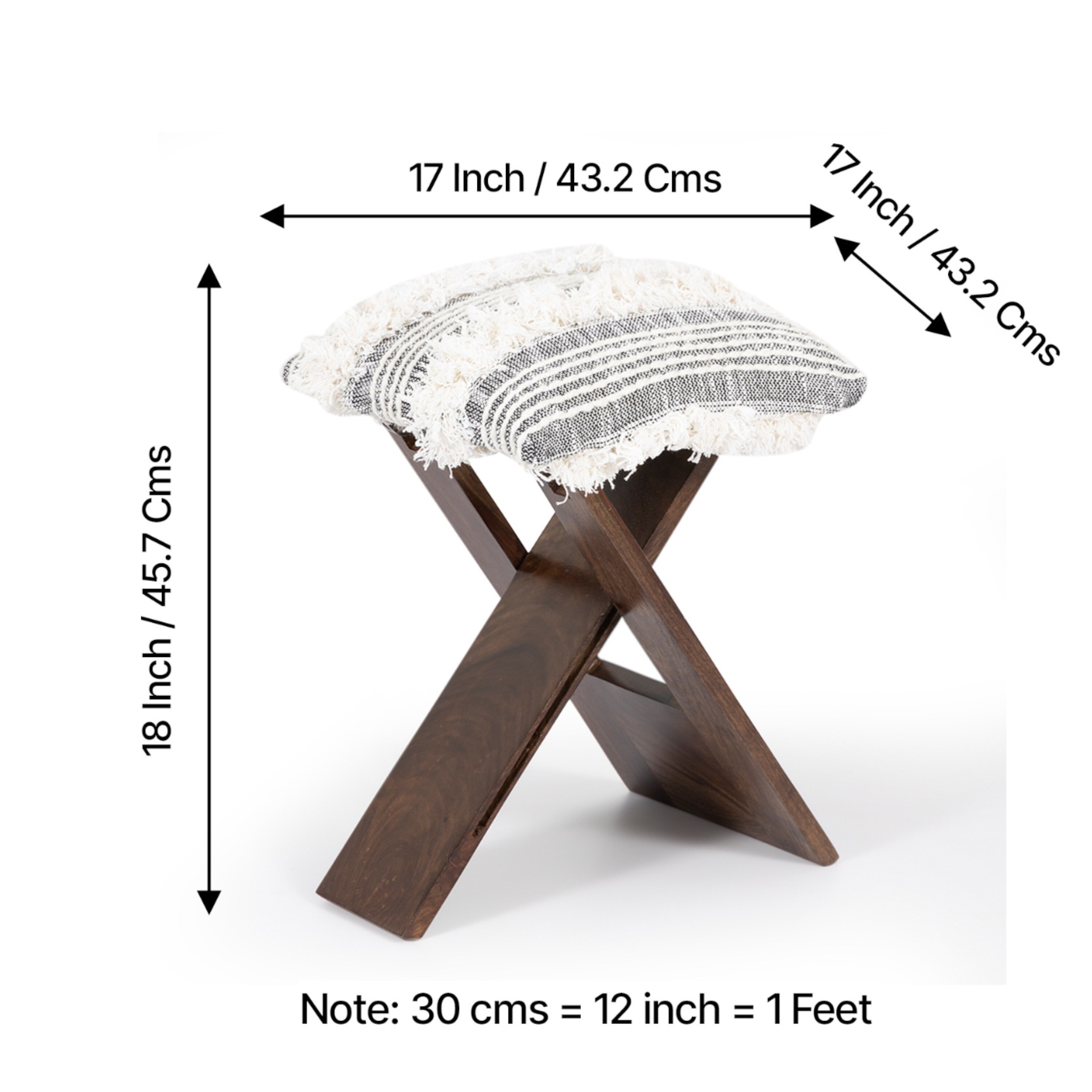 Dayton Sheesham Wood Mid Century Square   Stool in Grey Fabric   Fringes Upholstery