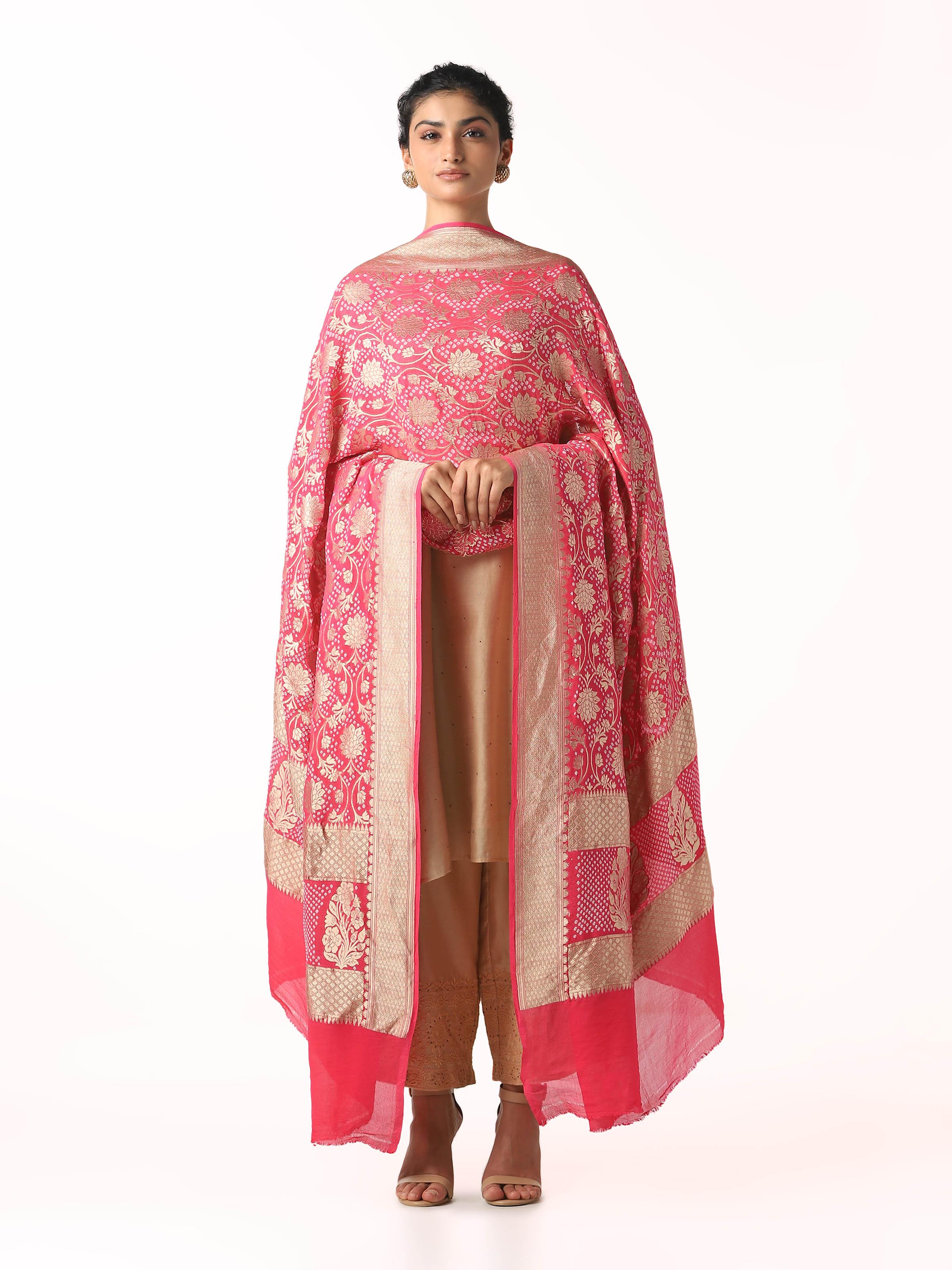 Coral Banarasi Crepe Bandhani Tie & Dye Dupatta