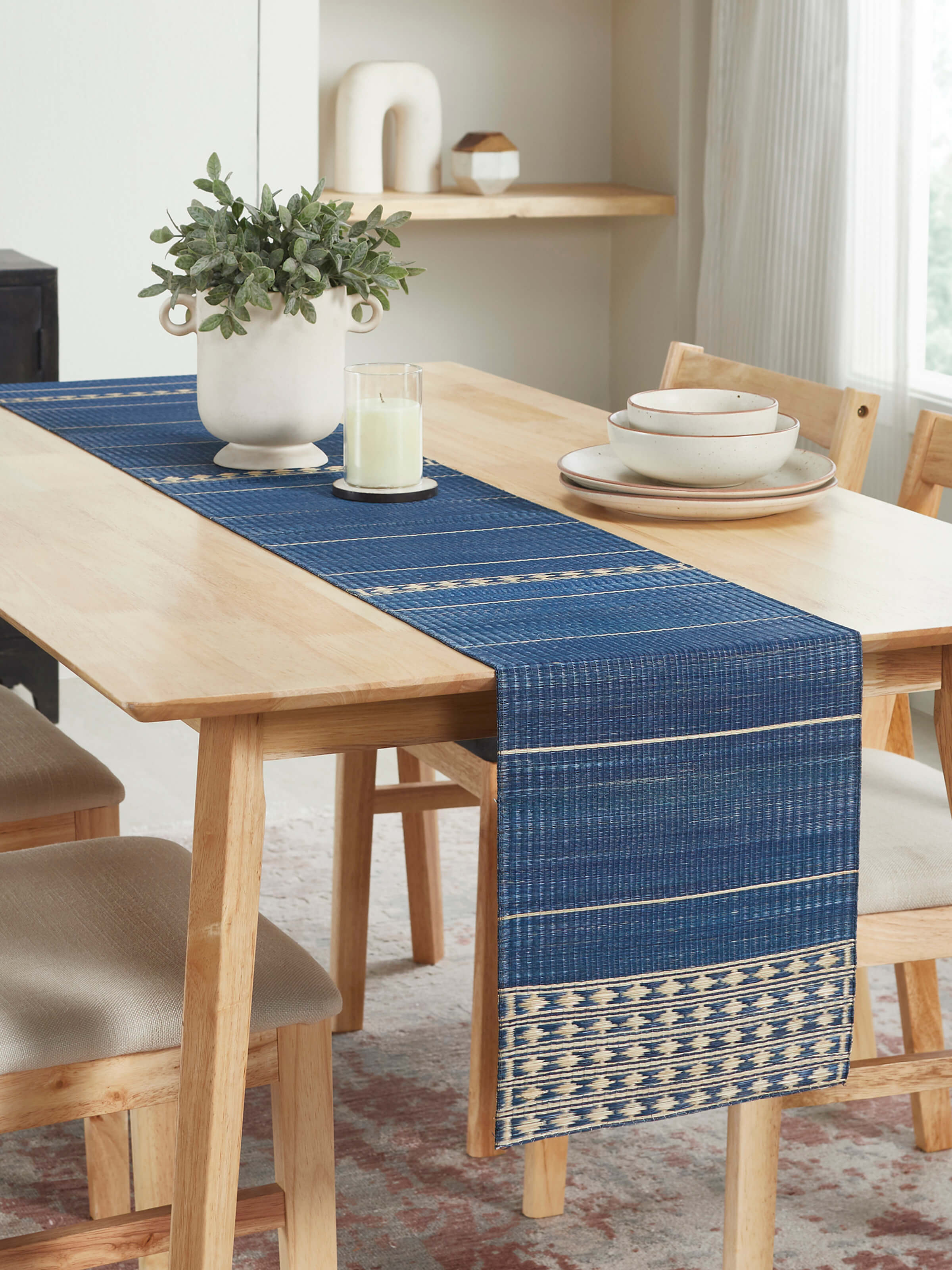 Top view showing the full length and striped design of the table runner